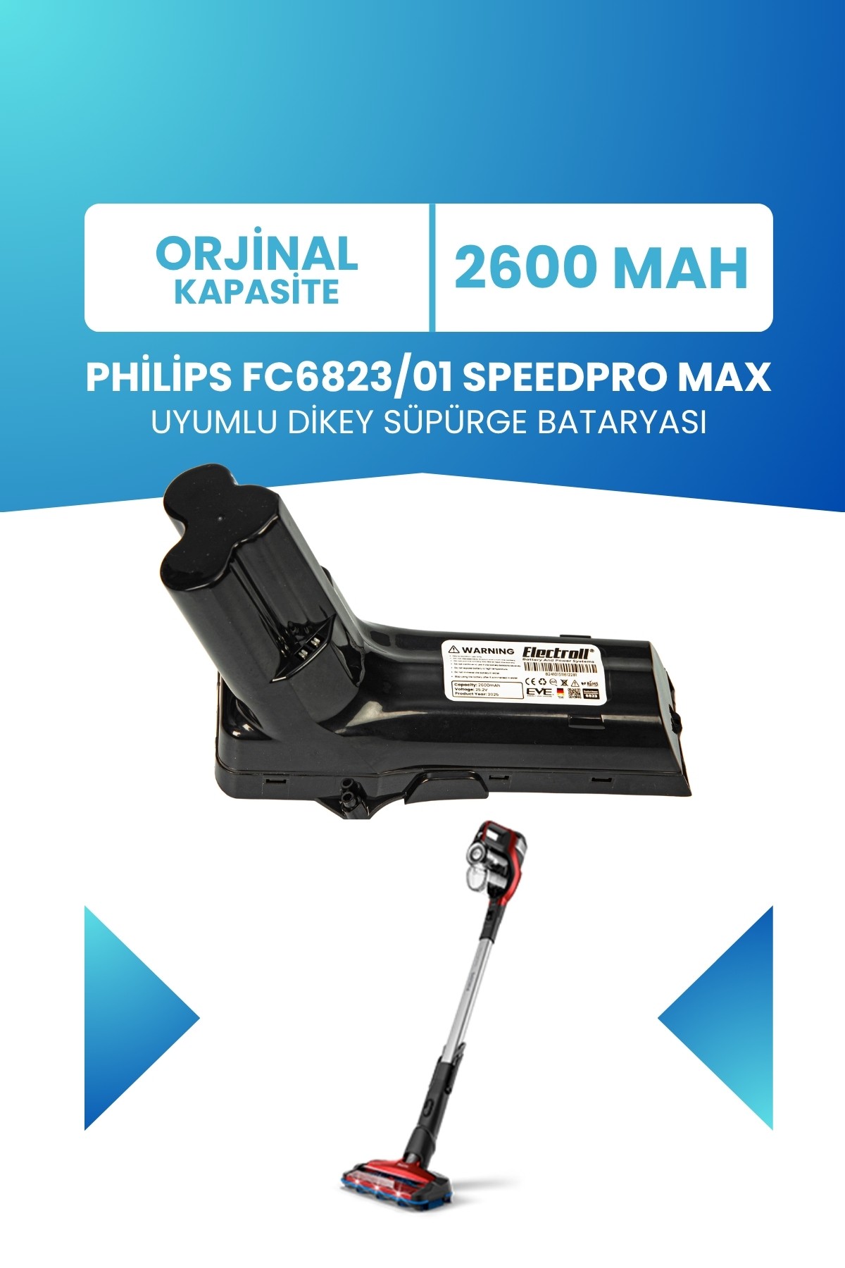 Philips FC6823/01 SpeedPro Max Uyumlu Batarya 25.2 V 2600mah Pil Şarjlı Dikey Süpürge Bataryası