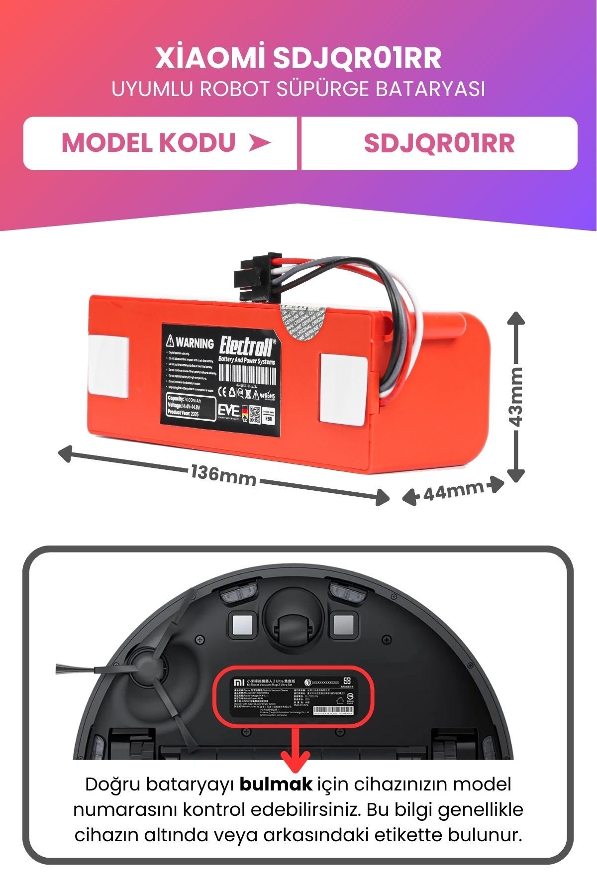 Xiaomi Sdjqr01rr Uyumlu Batarya (MAKSİMUM KAPASİTE) 7000mah Kutulu Robot Süpürge Pil Değişimi