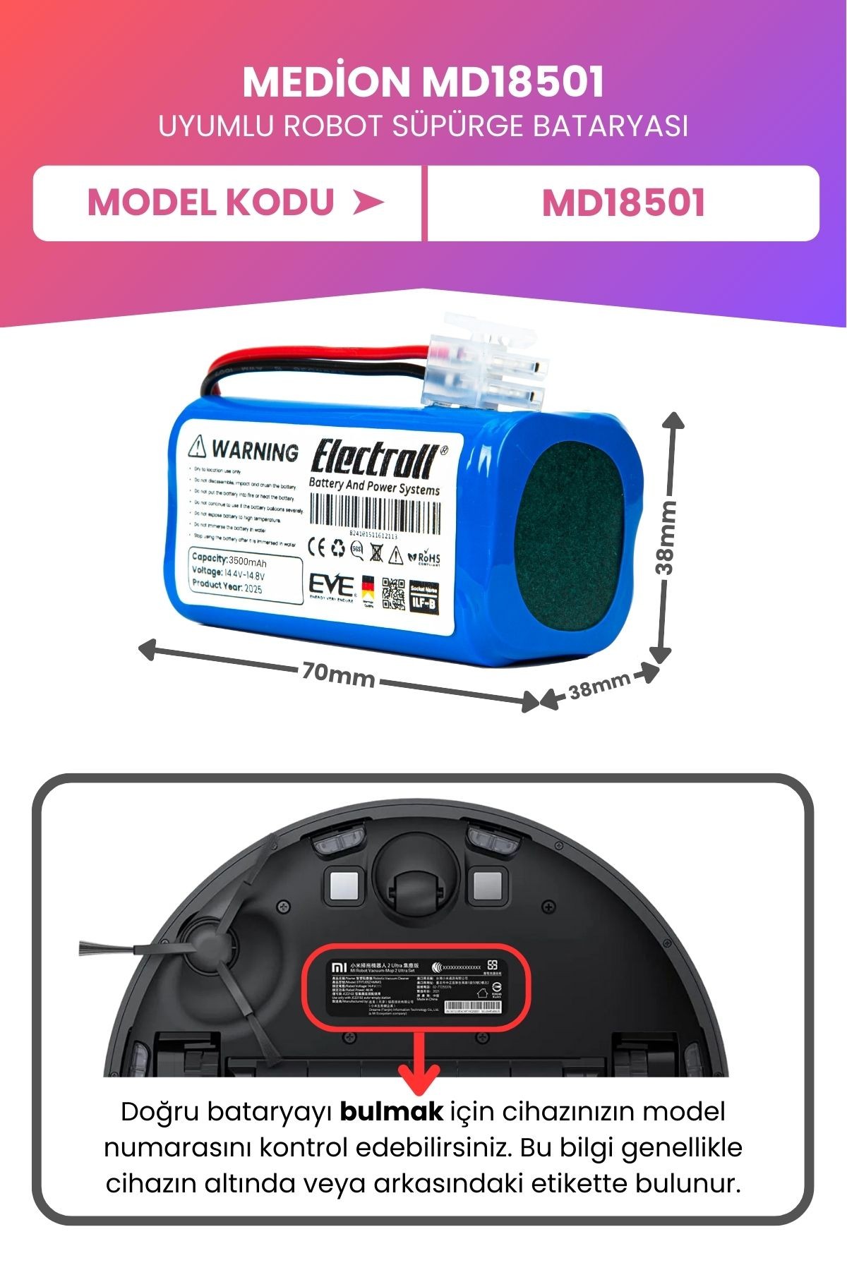 Medion MD18501 Uyumlu Batarya (MAKSİMUM KAPASİTE) 3500mah Pil Robot Süpürge Bataryası