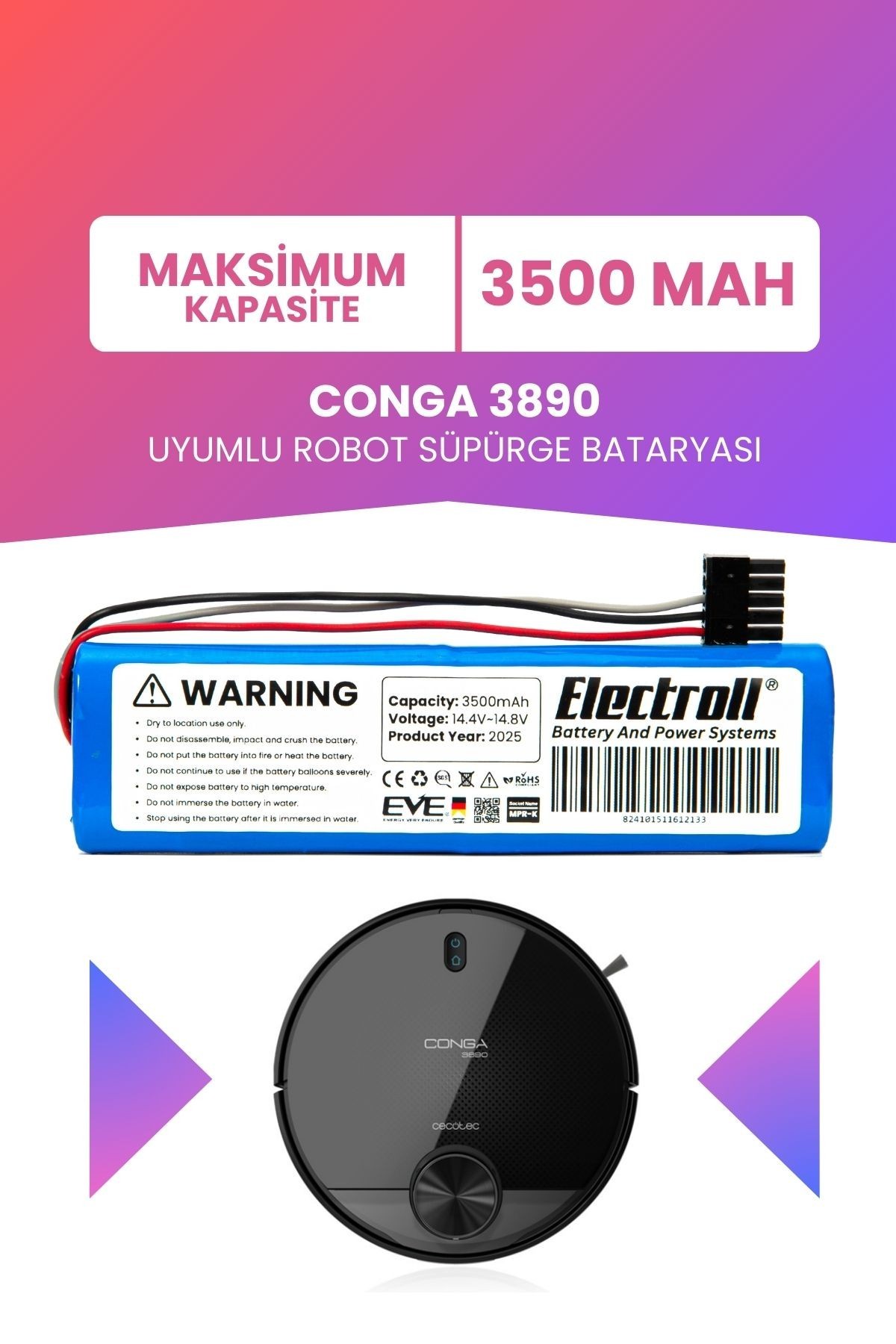 Conga 3890 Uyumlu Batarya (MAKSİMUM KAPASİTE) 3500mah Pil Robot Süpürge Bataryası Değişimi