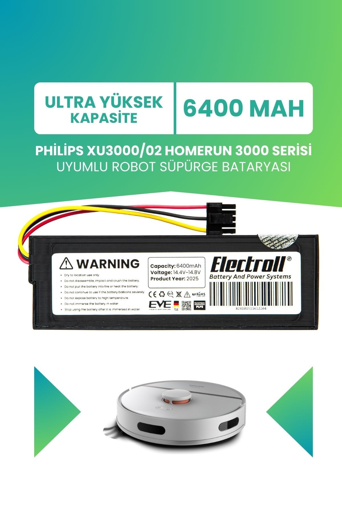 Philips Xu3000/02 Homerun 3000 Serisi Uyumlu Batarya (ULTRA YÜKSEK KAPASİTE) 6400mah Robot Süpürge