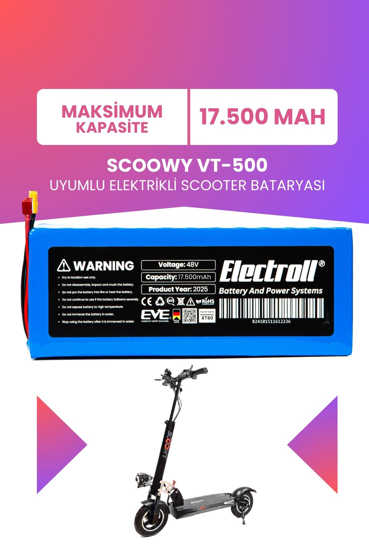 Scoowy Vt-500 Batarya (Maksimum Kapasite) Batarya 48v 17.5ah Pil Elektrikli Scooter Bataryası