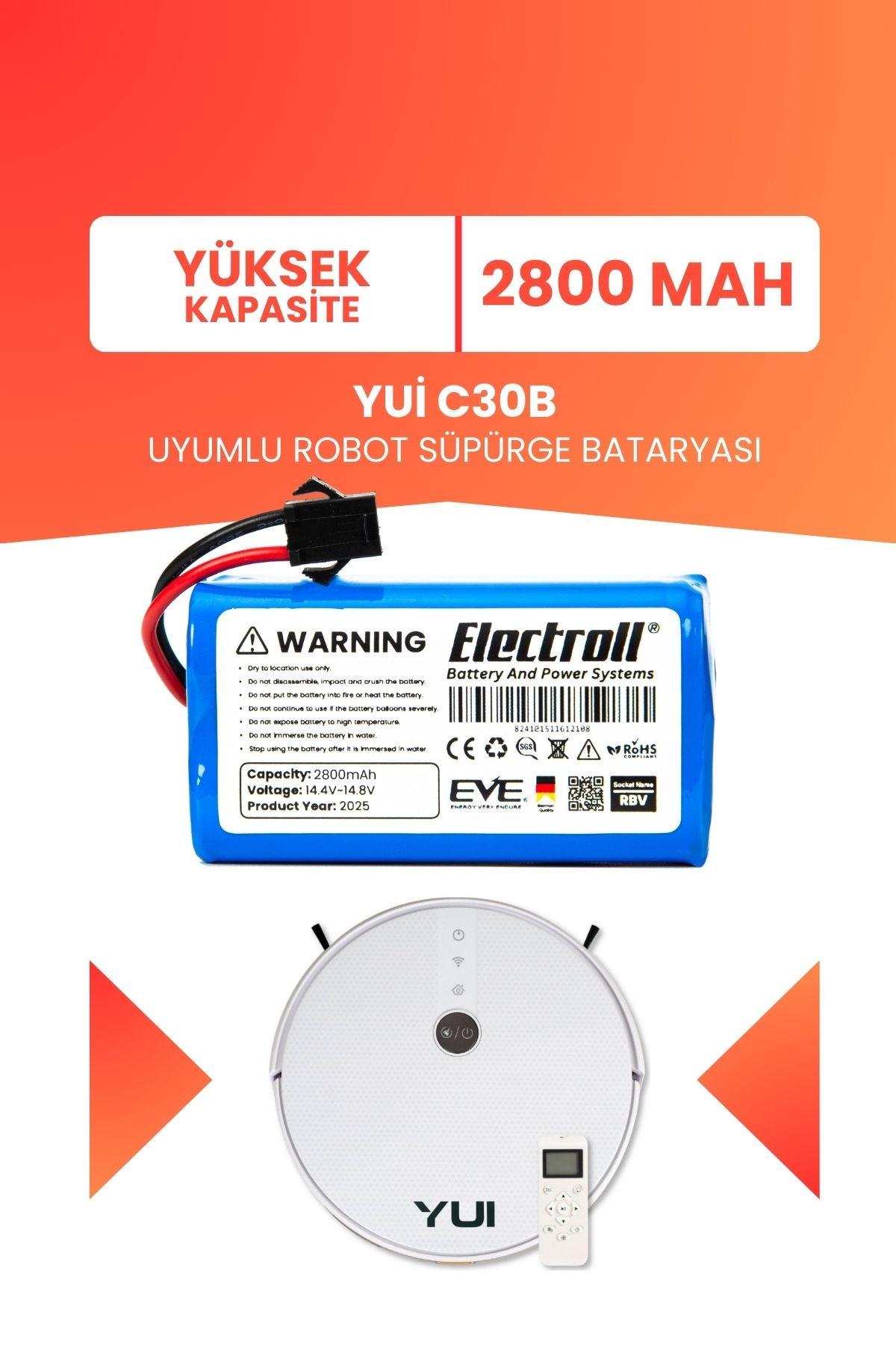 Yui C30B Batarya (YÜKSEK KAPASİTE) 2800mah Pil Akıllı Robot Süpürge Batarya Değişimi