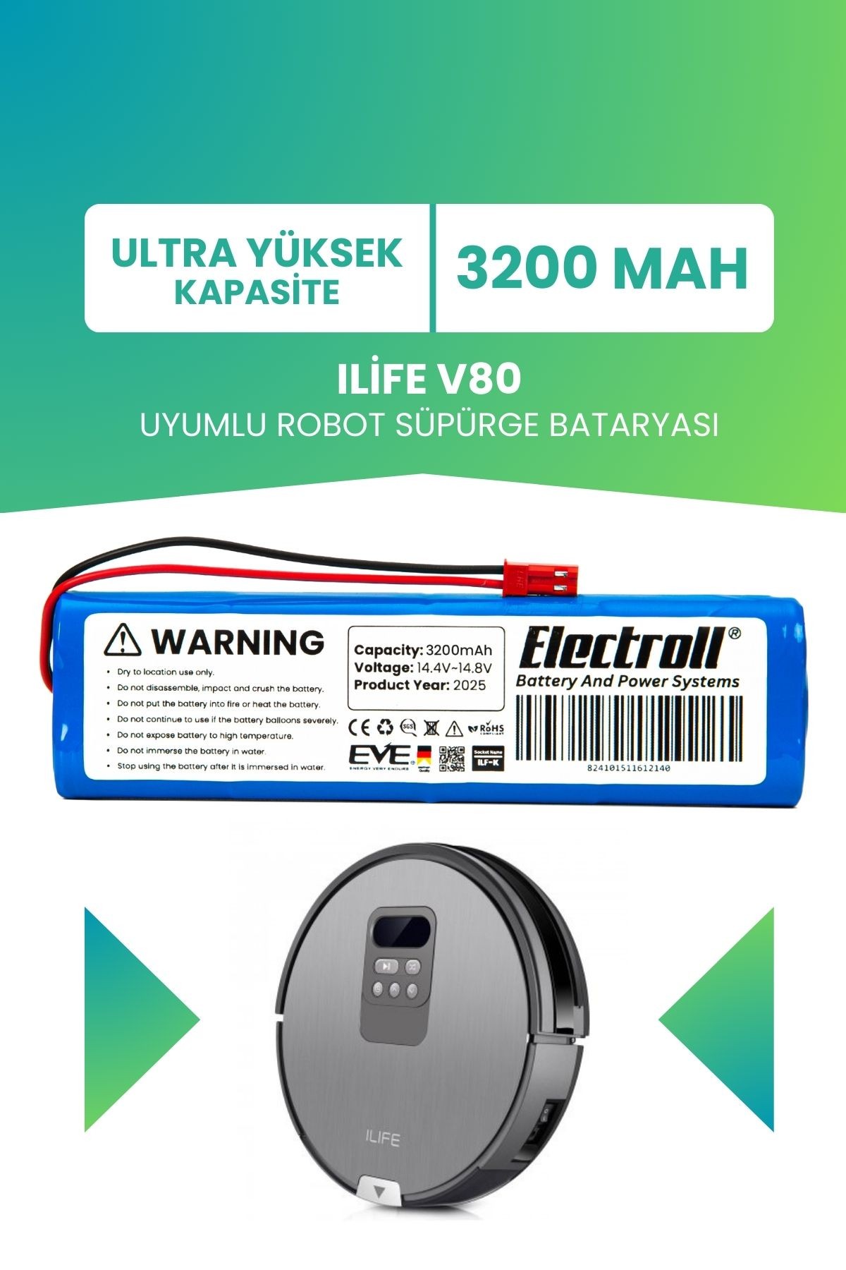 Ilife V80 Uyumlu Batarya (ULTRA YÜKSEK KAPASİTE) 3200mah Pil Robot Süpürge Batarya Değişimi
