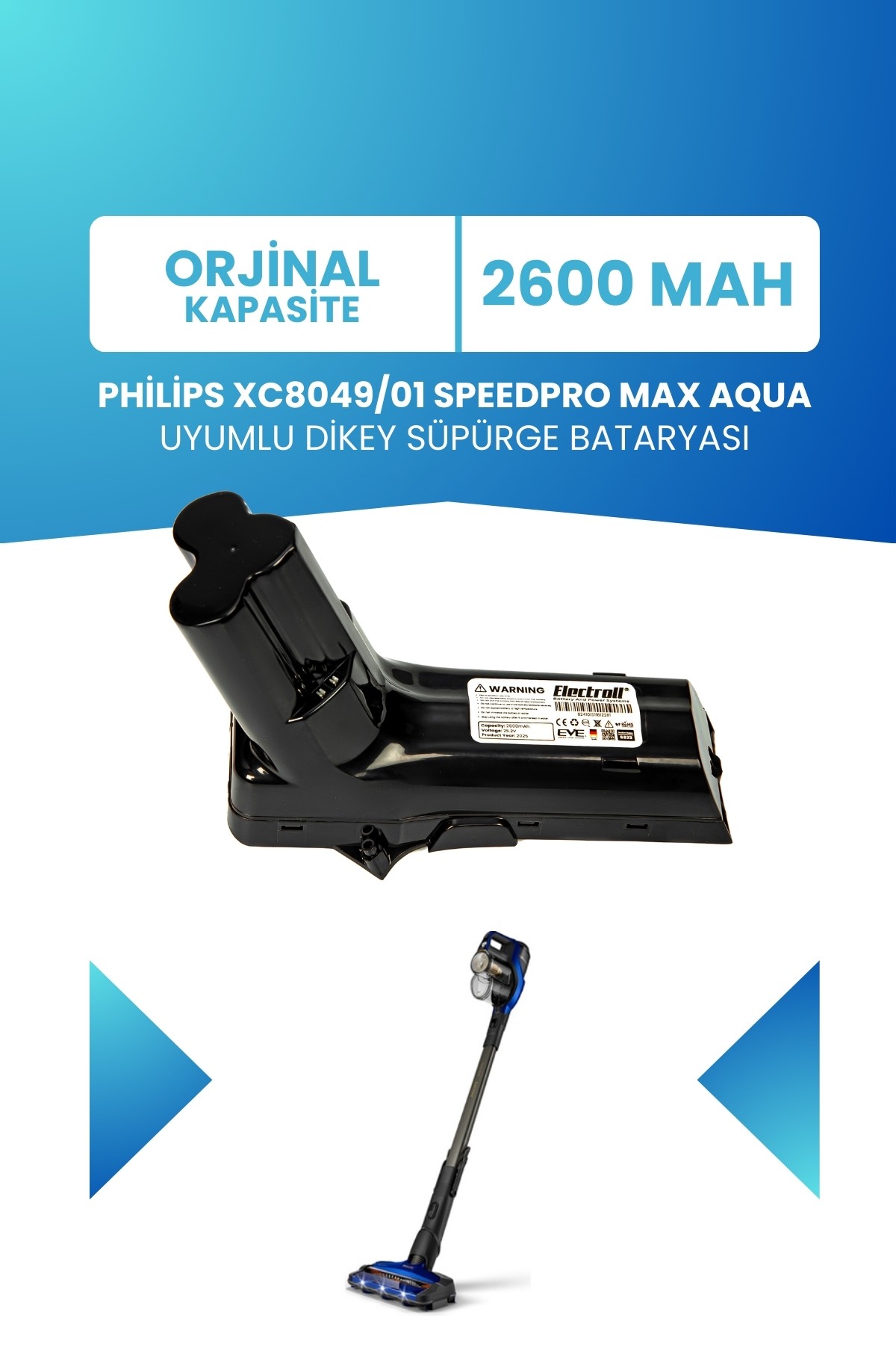 Philips 8000 Serisi XC8049/01 Speedpro Max Aqua Uyumlu Batarya 25.2 V 2600mah Dikey Süpürge Bataryası