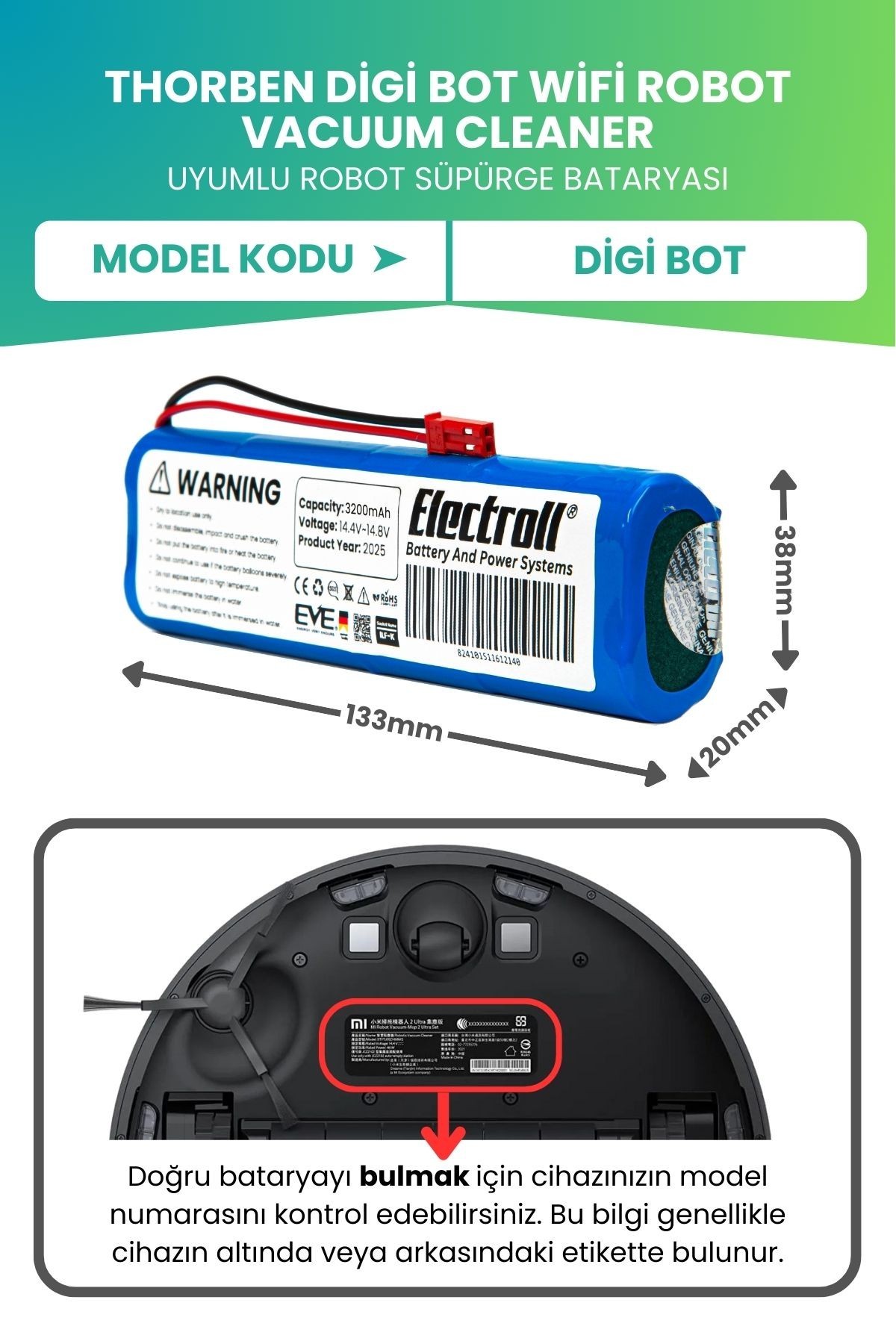 Thorben Digi Bot Wifi Robot Vacuum Cleaner Uyumlu Batarya (ULTRA YÜKSEK KAPASİTE) 3200mah Batarya