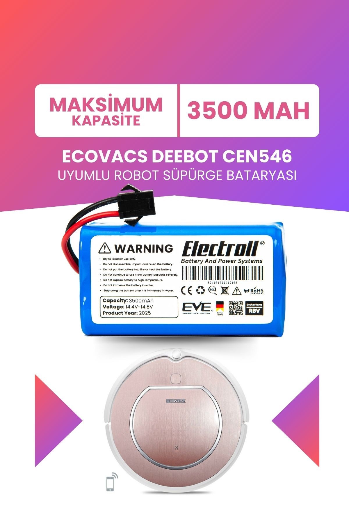 Ecovacs Deebot Cen546 Uyumlu Batarya (MAKSİMUM KAPASİTE) 3500mah Pil Robot Süpürge Bataryası