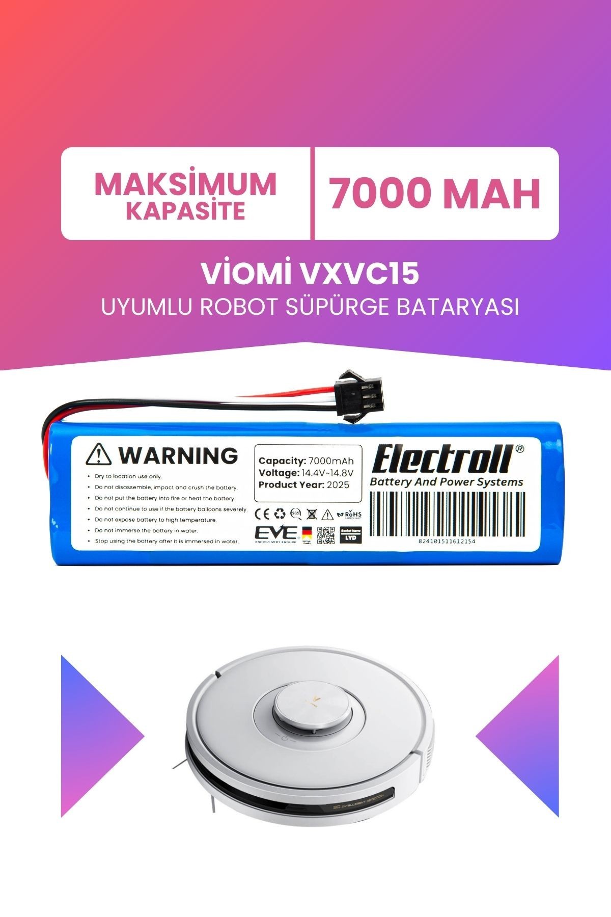 Viomi Vxvc15 Uyumlu Batarya (MAKSİMUM KAPASİTE) 7000mah Pil Robot Süpürge Bataryası Değişimi