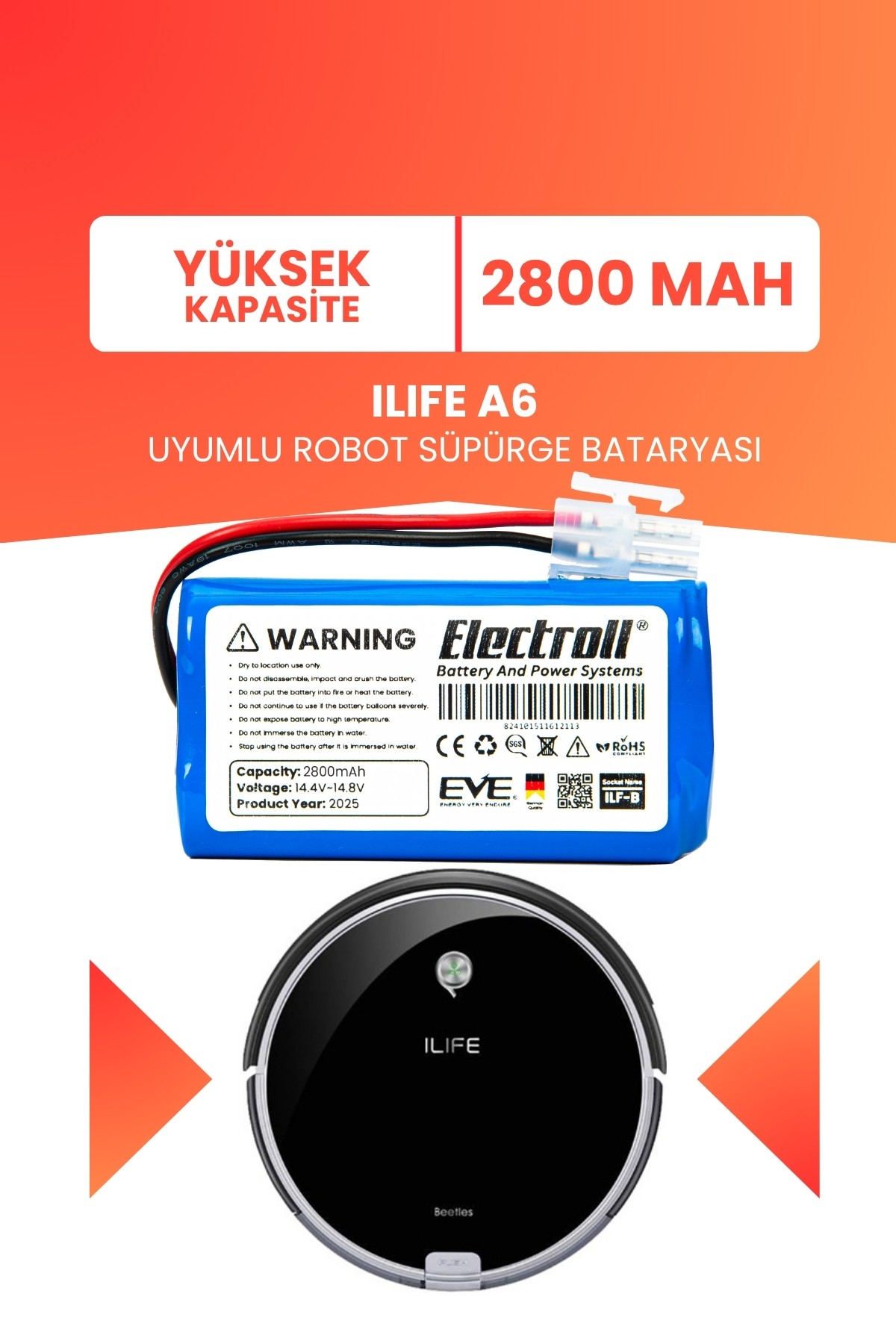Ilıfe A6 Uyumlu Batarya (YÜKSEK KAPASİTE) 2800mah Pil Robot Süpürge Bataryası