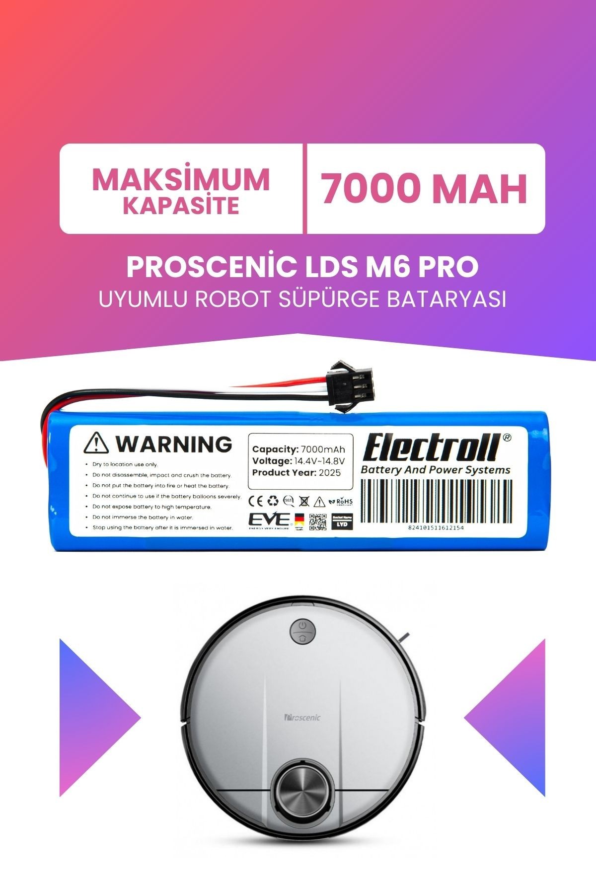 Proscenic LDS M6 Pro Uyumlu Batarya (MAKSİMUM KAPASİTE) 7000mah Pil Robot Süpürge Bataryası Değişimi