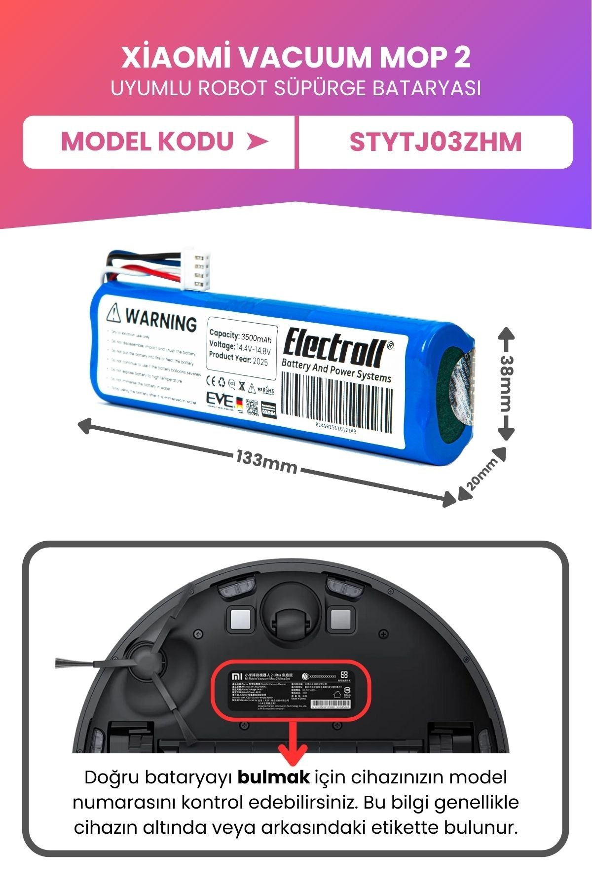 Xiaomi Vacuum Mop 2 Uyumlu Batarya (MAKSİMUM KAPASİTE) 3500mah Robot Süpürge Pil Değişimi