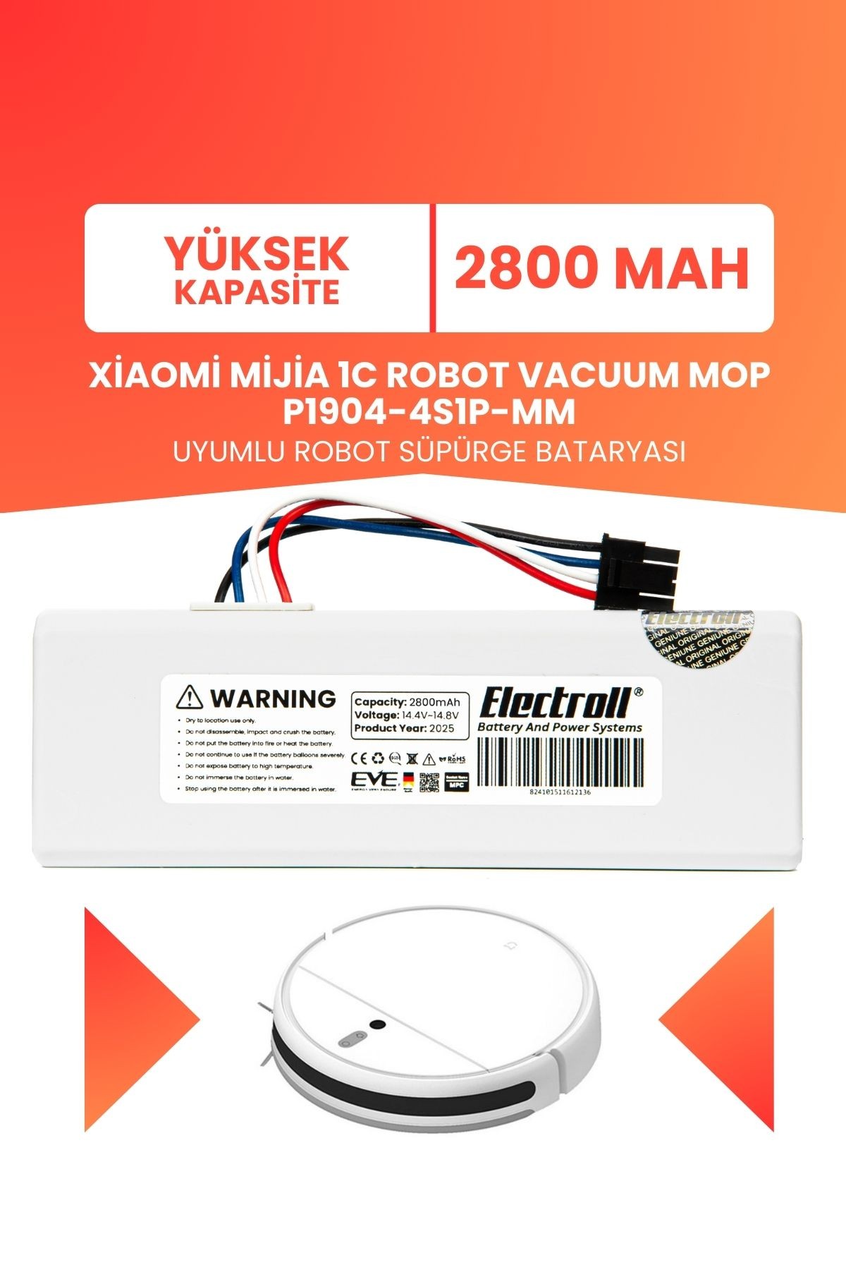 Xiaomi Mijia 1C Robot Vacuum Mop P1904-4S1P-MM Batarya 2800mah Yüksek Kapasite Robot Süpürge Pili
