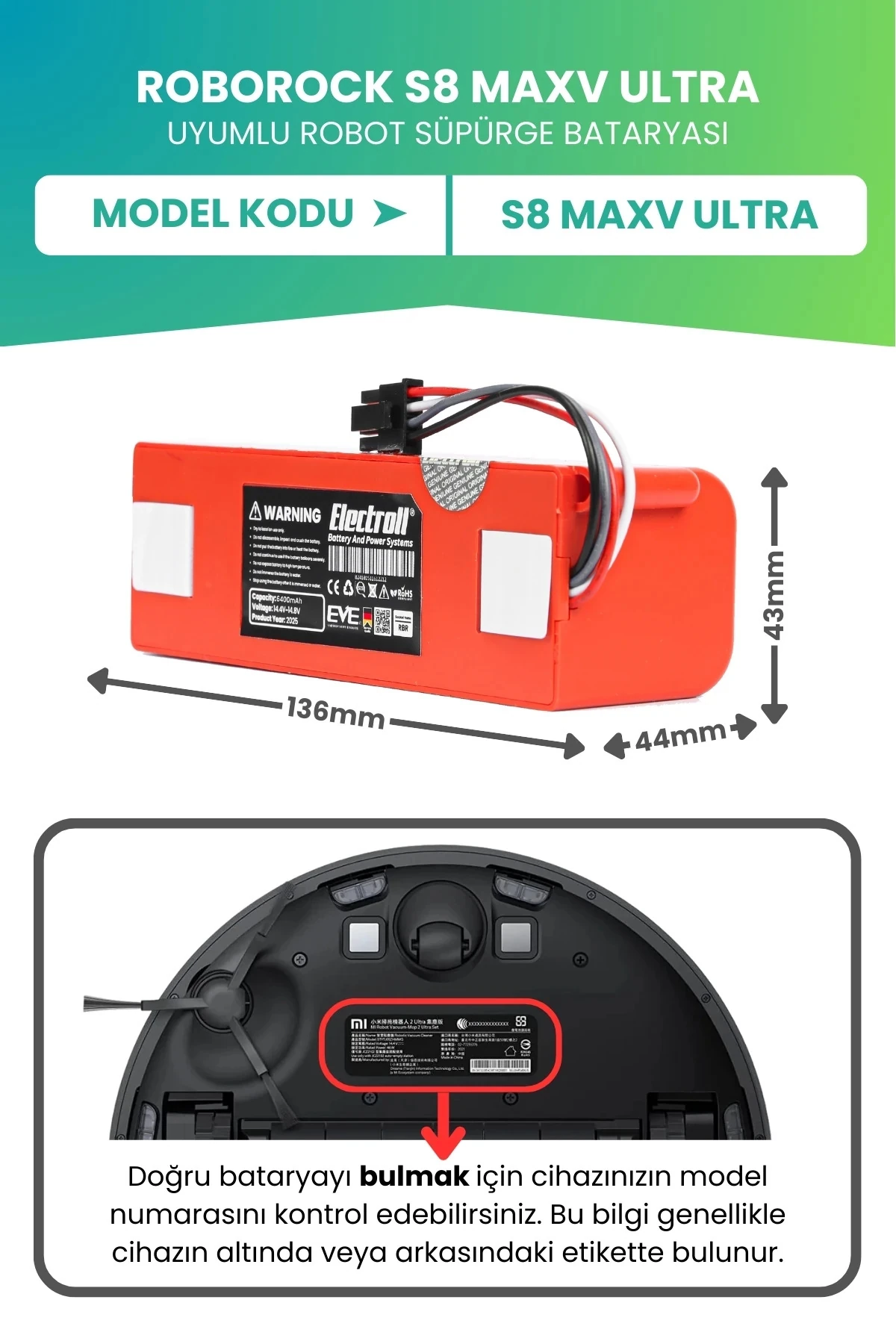 Roborock S8 Maxv Ultra Uyumlu Batarya (ULTRA YÜKSEK KAPASİTE) 6400mah Kutulu Robot Süpürge Pil Değişimi
