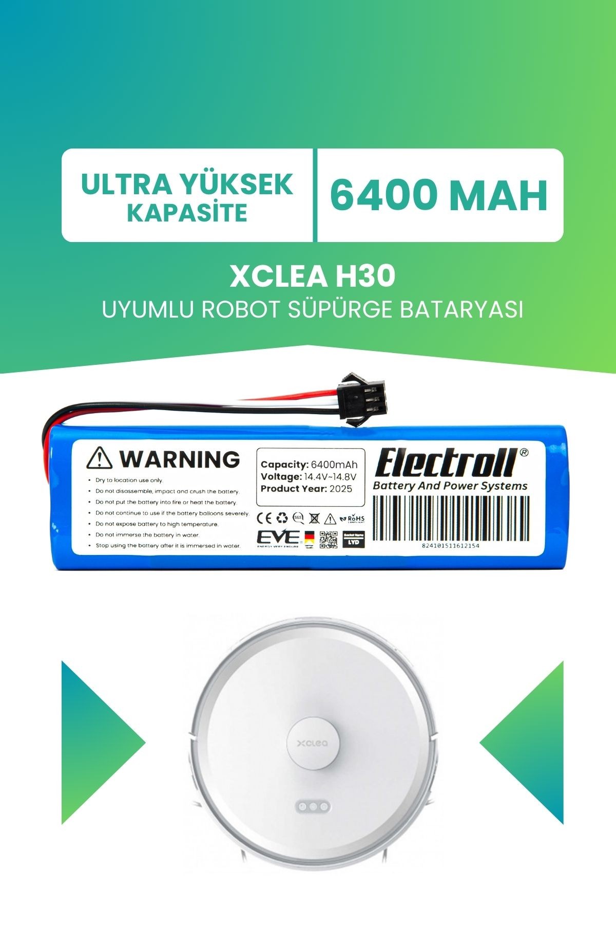 Xclea H30 Uyumlu Batarya (ULTRA YÜKSEK KAPASİTE) 6400mah Pil Robot Süpürge Bataryası Değişimi