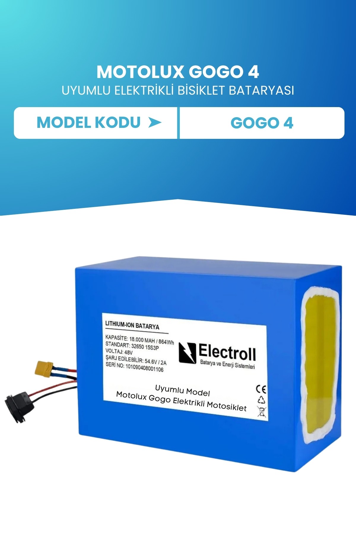 Motolux Gogo 4 Batarya 48v 18 Ah Lifepo4 (ELEKTRİKLİ MOTORSİKLET İÇİN) 5a Lifepo4 Şarj Cihazı Hediye