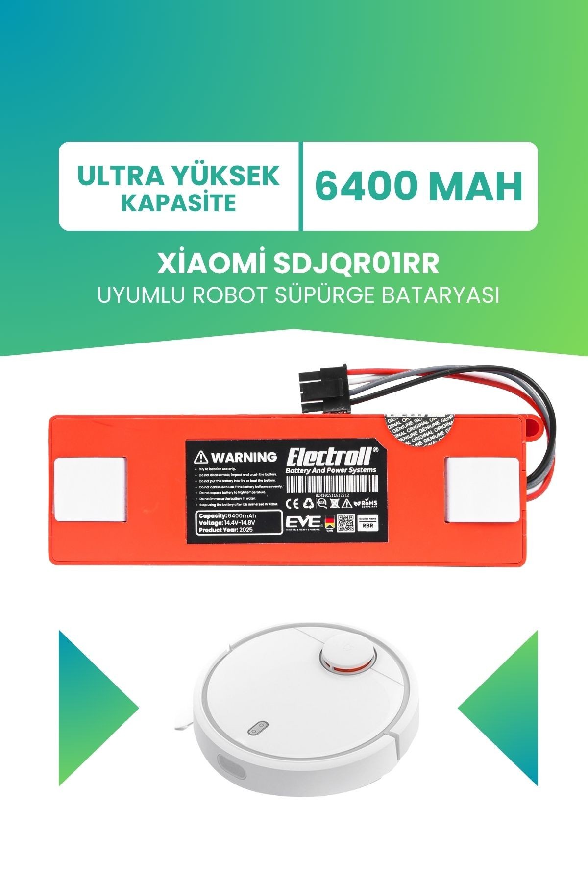 Xiaomi Sdjqr01rr Uyumlu Batarya (ULTRA YÜKSEK KAPASİTE) 6400mah Kutulu Robot Süpürge Batarya Değişim
