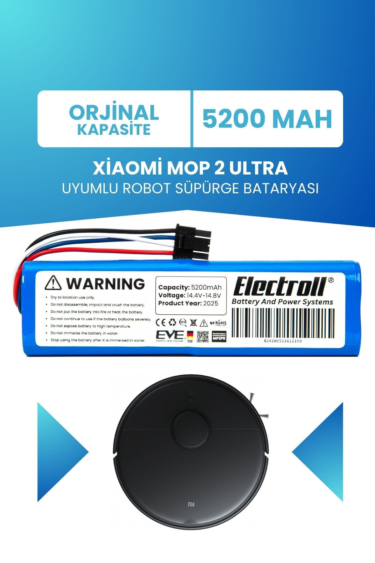 Xiaomi Mop 2 Ultra Stytj05zhm Uyumlu Batarya (ORJİNAL KAPASİTE) 5200mah Robot Süpürge Batarya