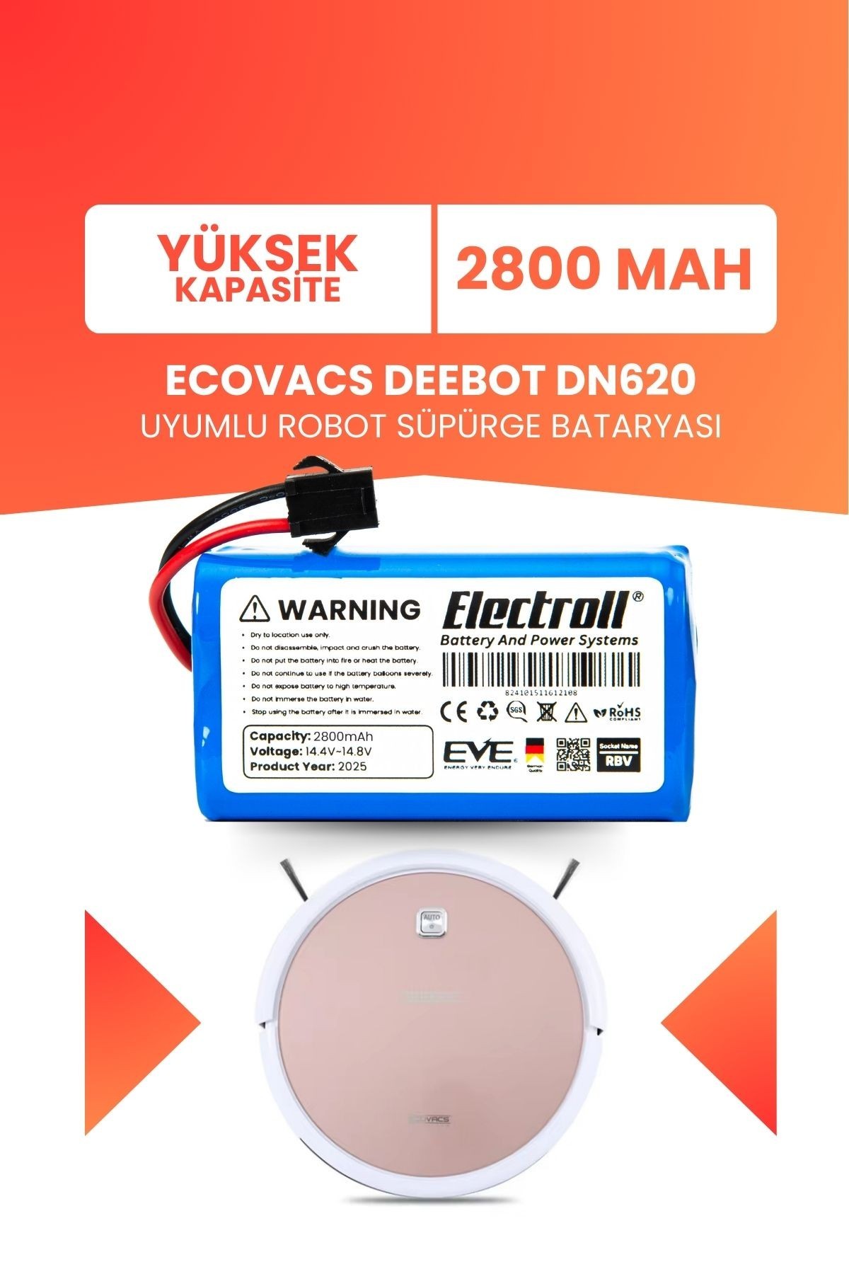 Ecovacs Deebot Dn620 Uyumlu Batarya (YÜKSEK KAPASİTE) 2800mah Pil Robot Süpürge Bataryası