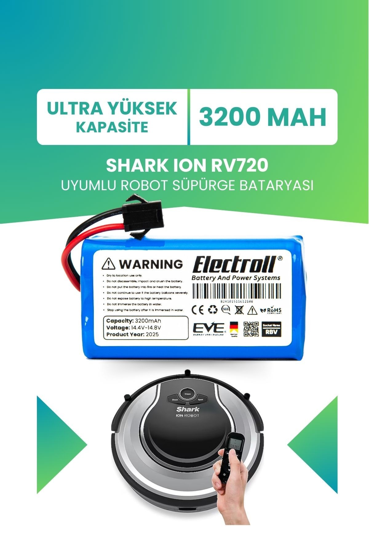 Shark Ion Rv720 Uyumlu Batarya (ULTRA YÜKSEK KAPASİTE) 3200mah Pil Robot Süpürge Bataryası