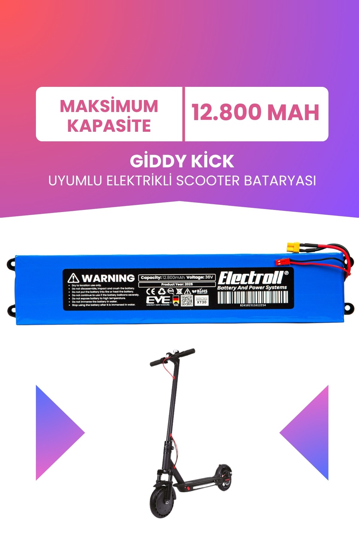 Giddy Kick Uyumlu Batarya (Maksimum Kapasite) 36v 12.800Mah Elektrikli Scooter Bataryası