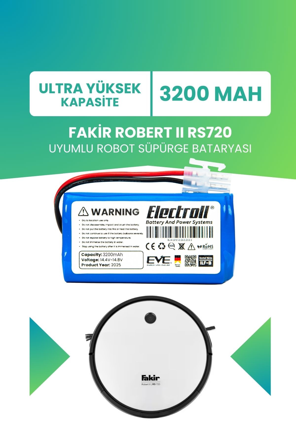 Fakir Robert Iı Rs720 Uyumlu Batarya (ULTRA YÜKSEK KAPASİTE) 3200mah Pil Robot Süpürge Bataryası