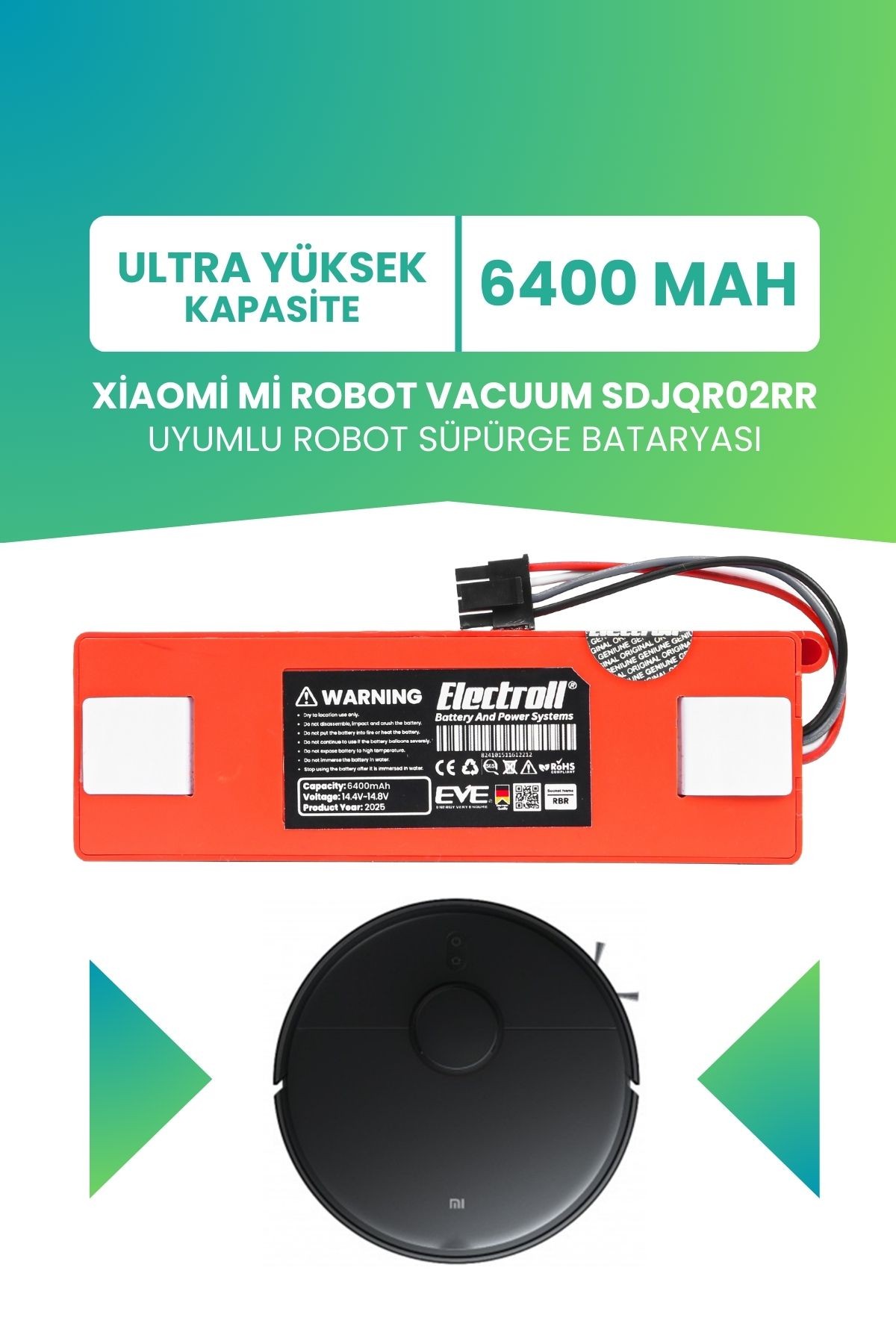 Xiaomi Mi Robot Vacuum Sdjqr02rr Uyumlu Batarya (ULTRA YÜKSEK KAPASİTE) 6400mah Robot Süpürge Pili