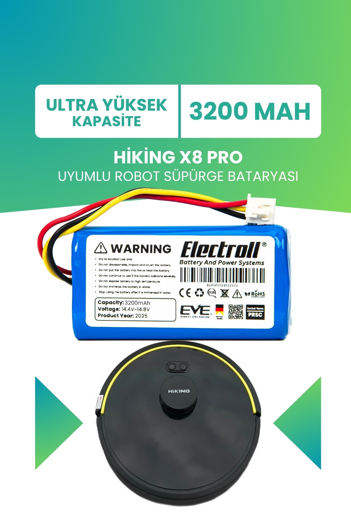 Hiking X8 Pro Uyumlu Batarya (ULTRA YÜKSEK KAPASİTE) 3200mah Pil Robot Süpürge Bataryası