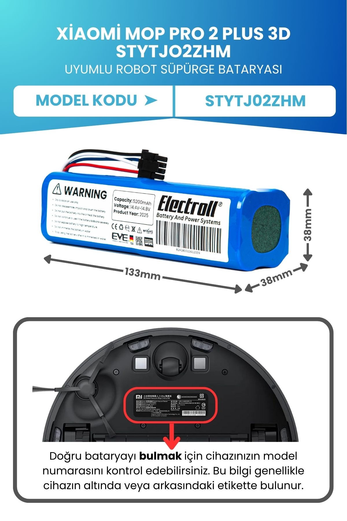 Xiaomi Mop Pro 2 Plus 3d Stytjo2zhm Uyumlu Batarya (ORJİNAL KAPASİTE) 5200mah Robot Süpürge Pili