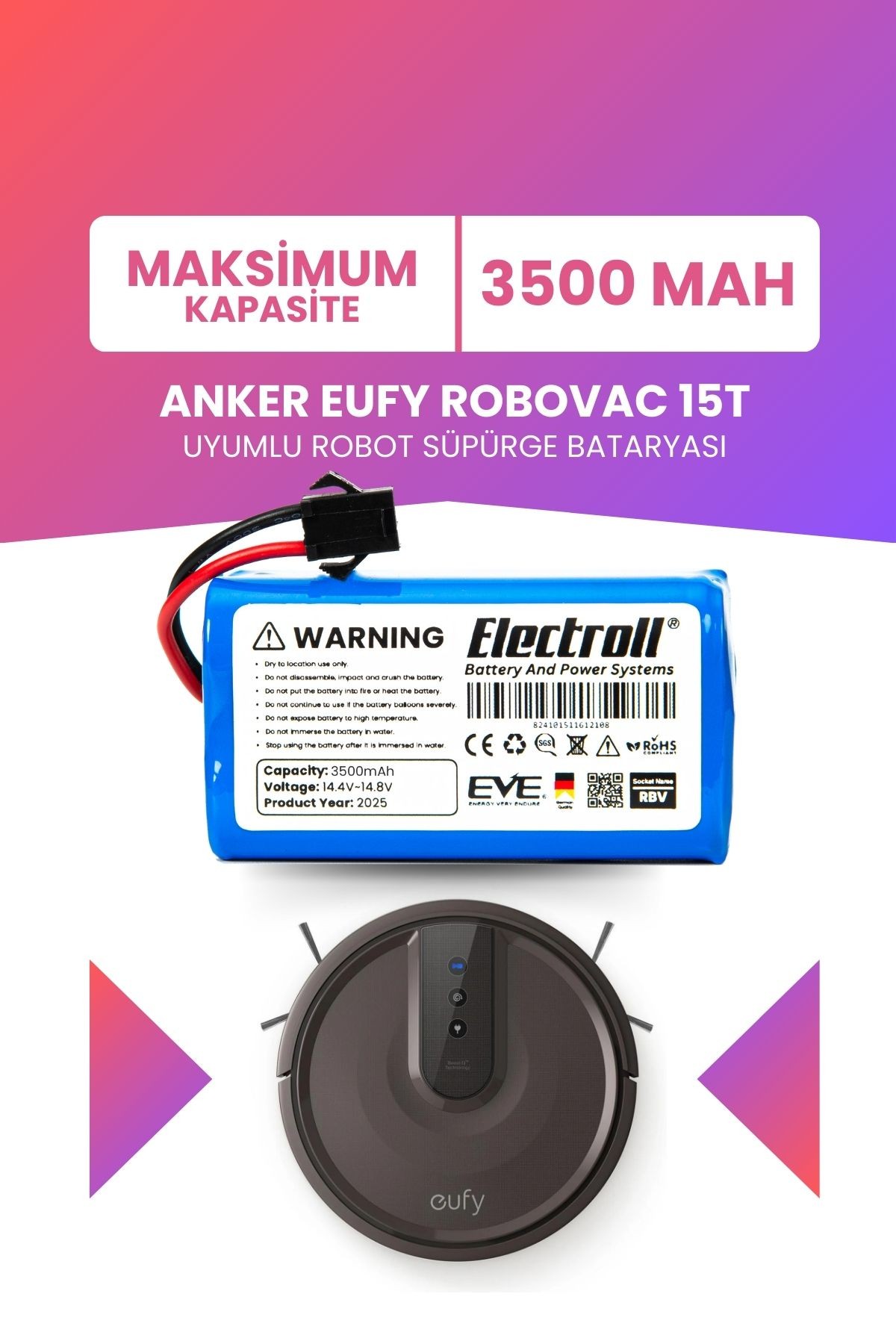 Eufy Robovac 15t Uyumlu Batarya (MAKSİMUM KAPASİTE) 3500mah Robot Süpürge Bataryası T2115