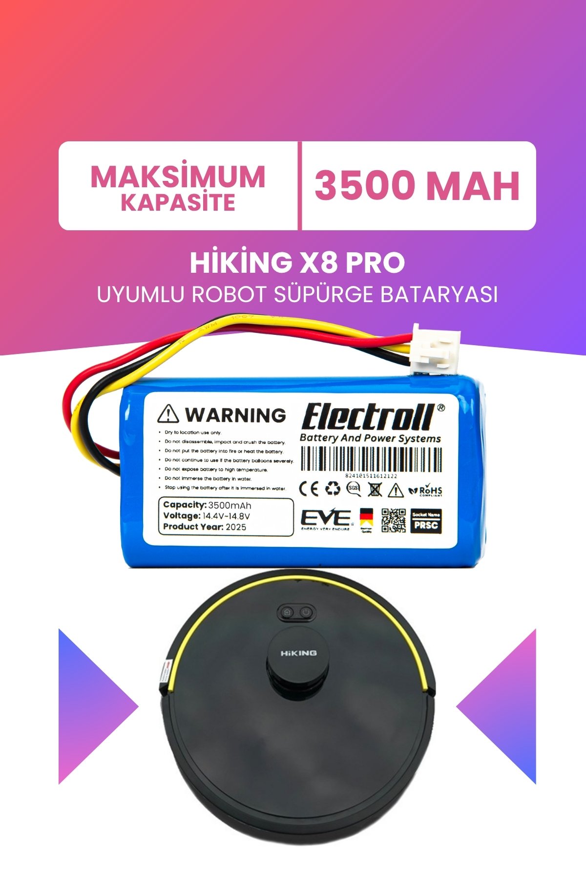 Hiking X8 Pro Uyumlu Batarya (MAKSİMUM KAPASİTE) 3500mah Pil Robot Süpürge Bataryası