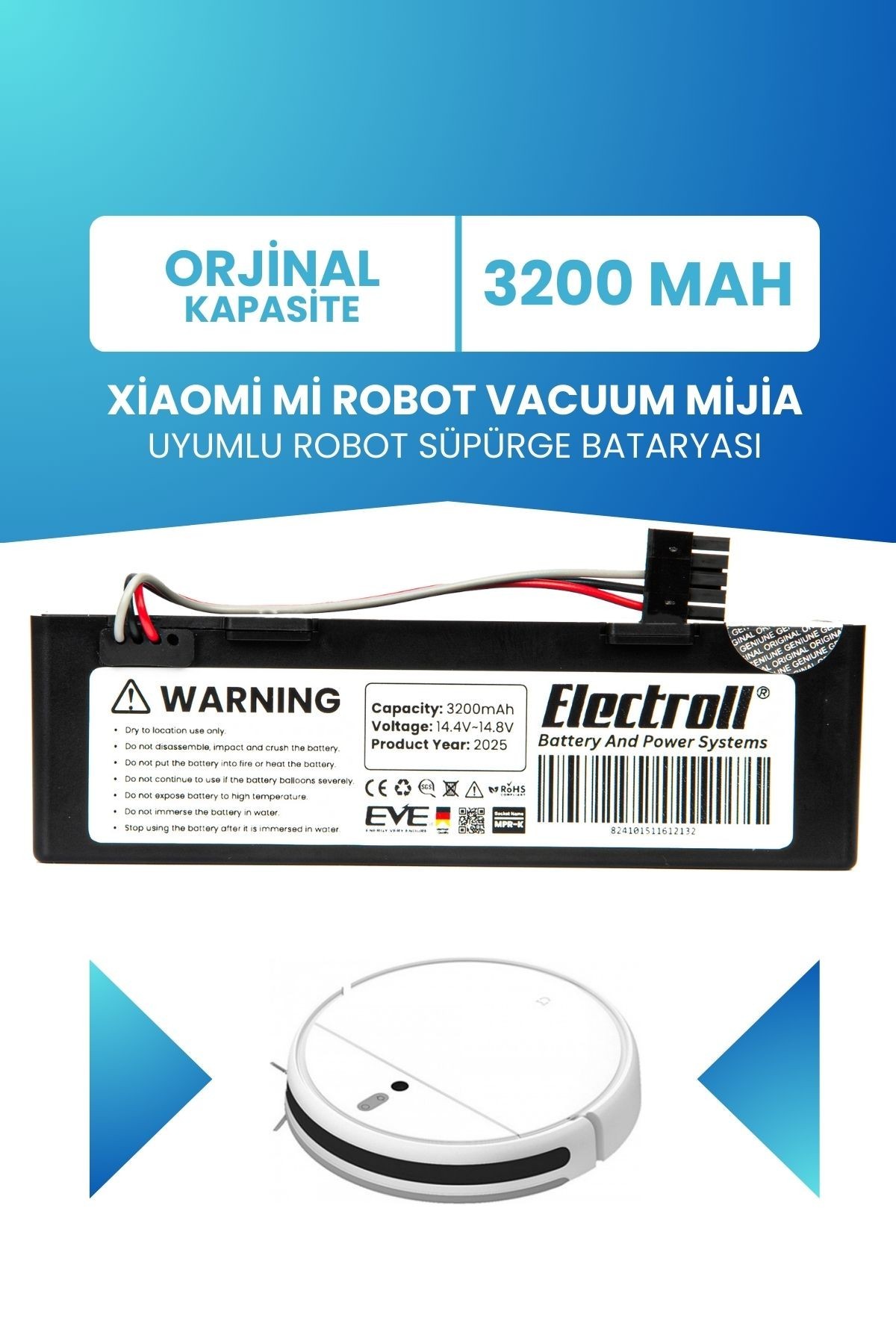 Xiaomi Mi Robot Vacuum Mijia Uyumlu Batarya (ORJİNAL KAPASİTE) 3200mah Kutulu Stytj01zhm Robot Pil