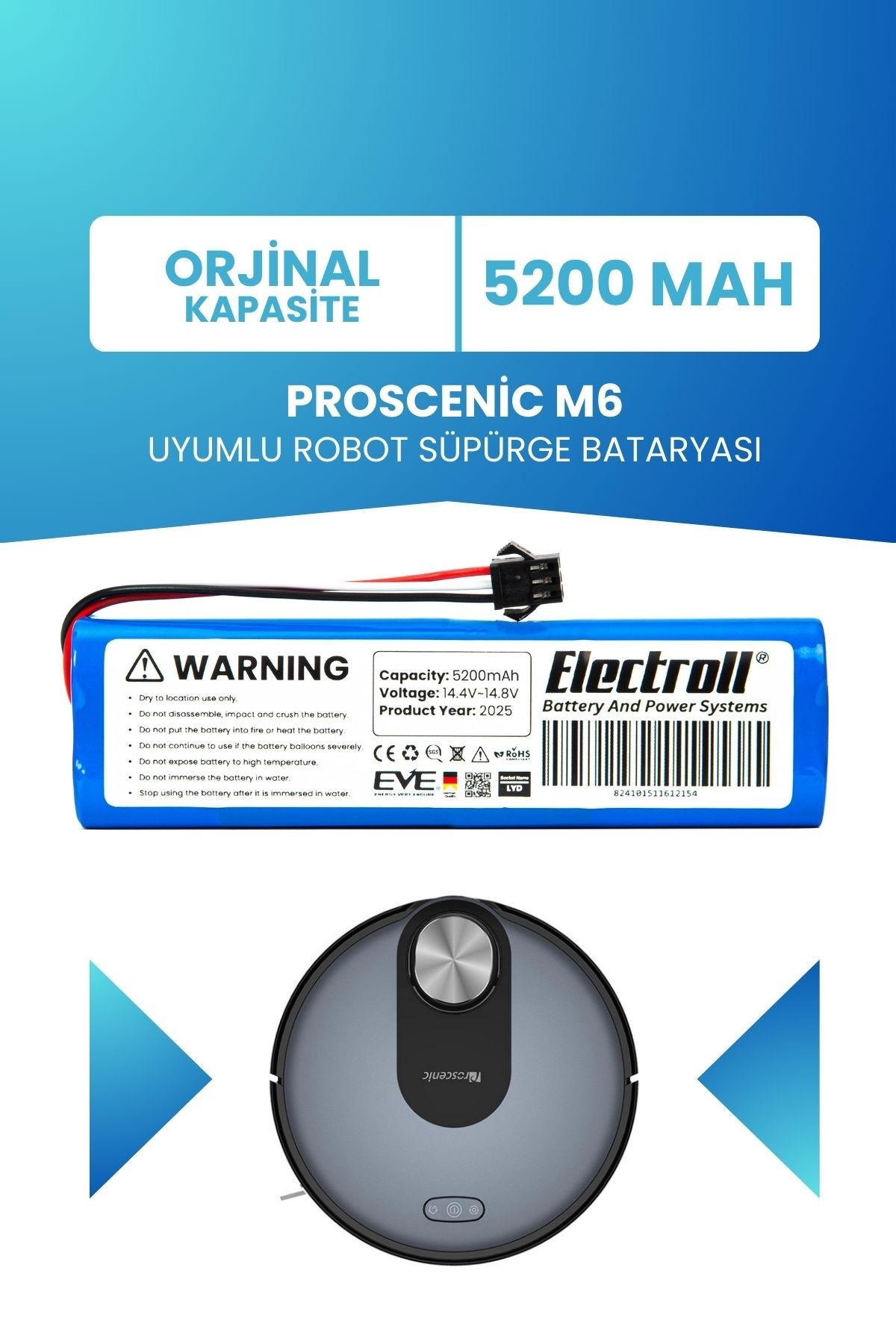 Proscenic M6 Uyumlu Batarya (ORJİNAL KAPASİTE) 5200mah Pil Robot Süpürge Bataryası Değişimi