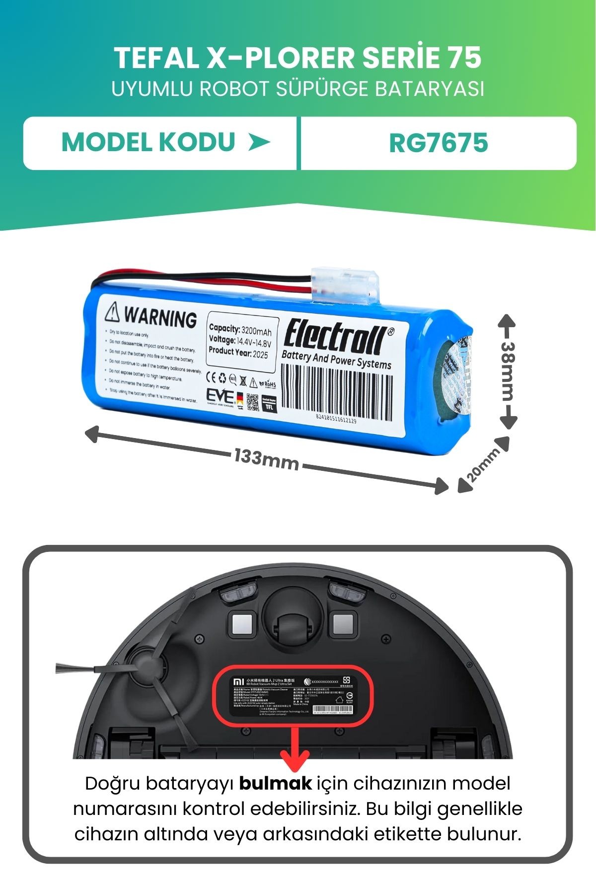 Tefal X-plorer Serie 75 Uyumlu Batarya (ULTRA YÜKSEK KAPASİTE) 3200mahrobot Süpürge Bataryası Rg7675