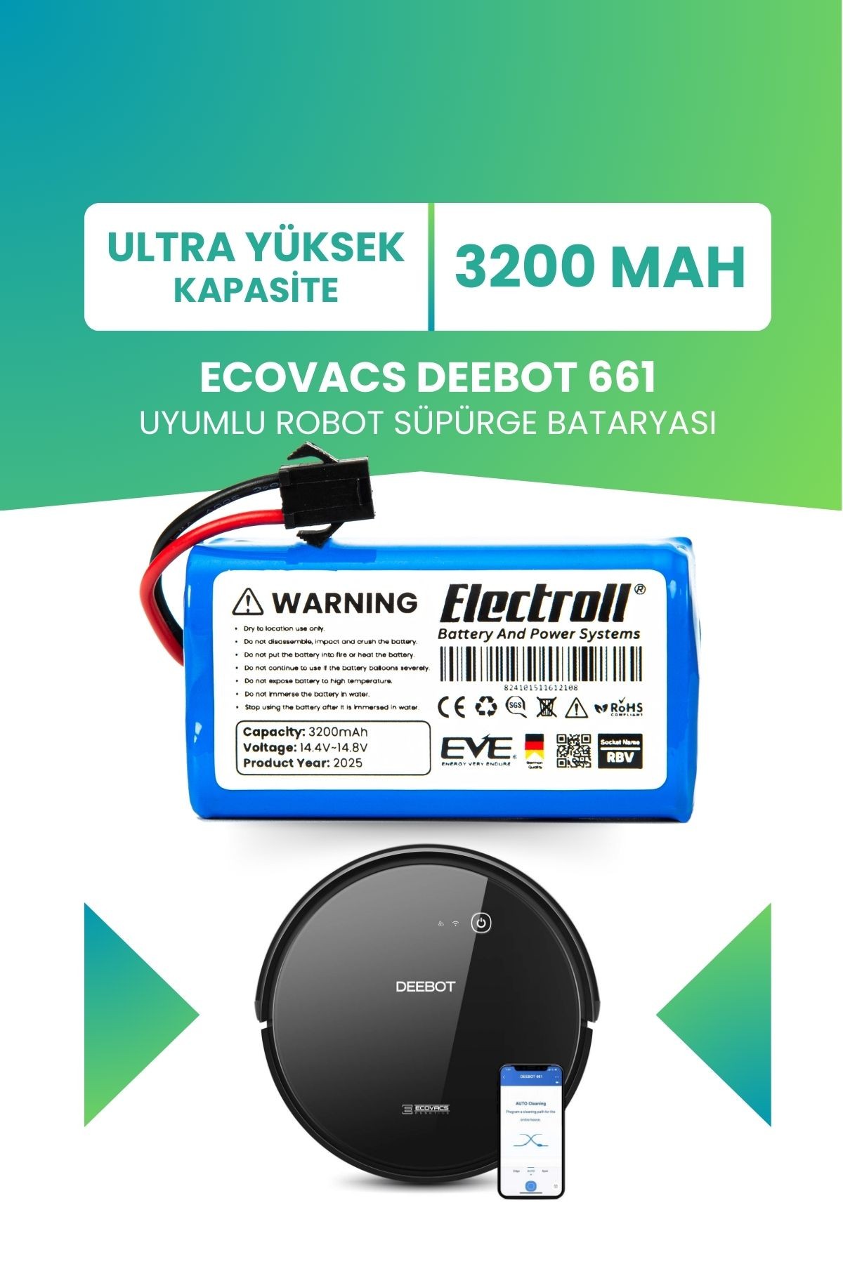 Ecovacs Deebot 661 Uyumlu Batarya (ULTRA YÜKSEK KAPASİTE) 3200mah Pil Robot Süpürge Bataryası