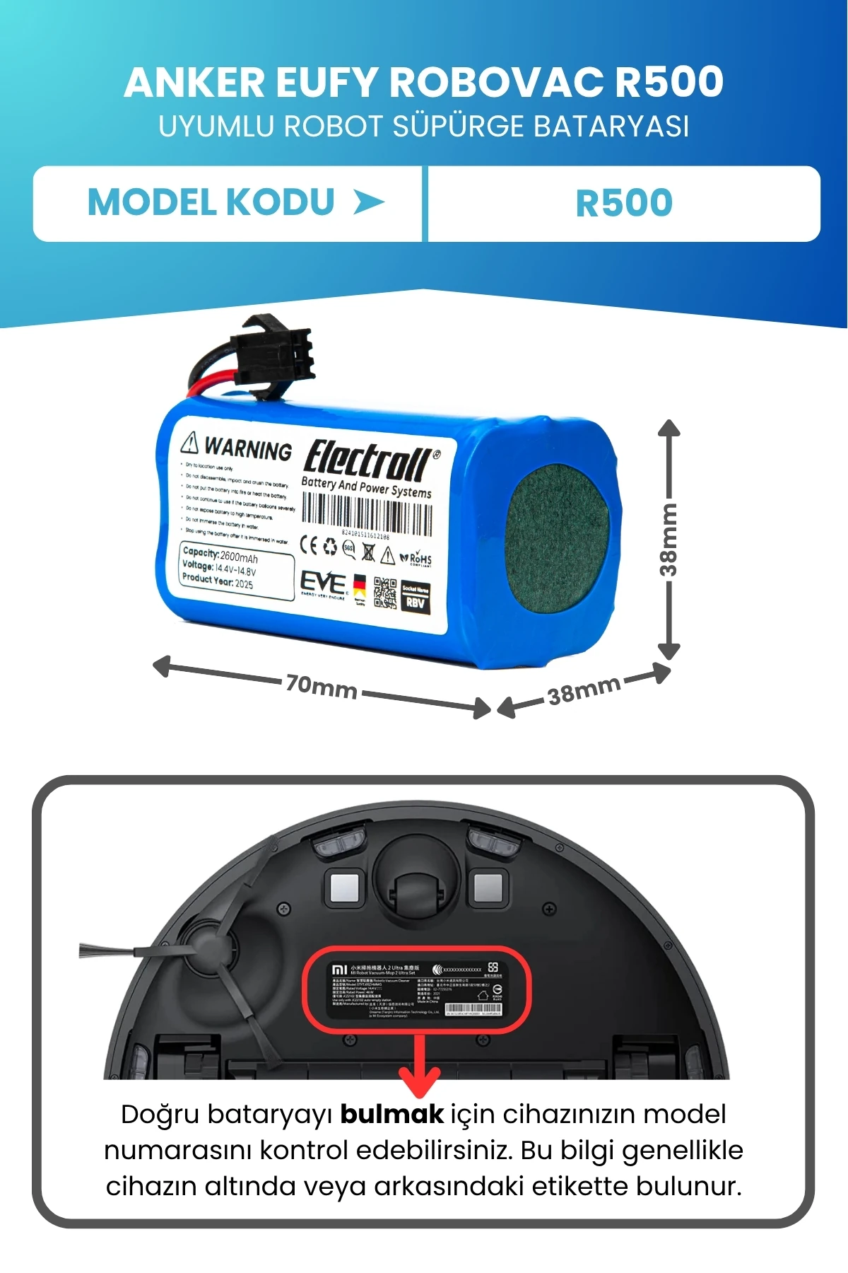 Anker Eufy Robovac R500 Uyumlu Batarya (STANDART KAPASİTE) 2600mah Robot Süpürge Bataryası