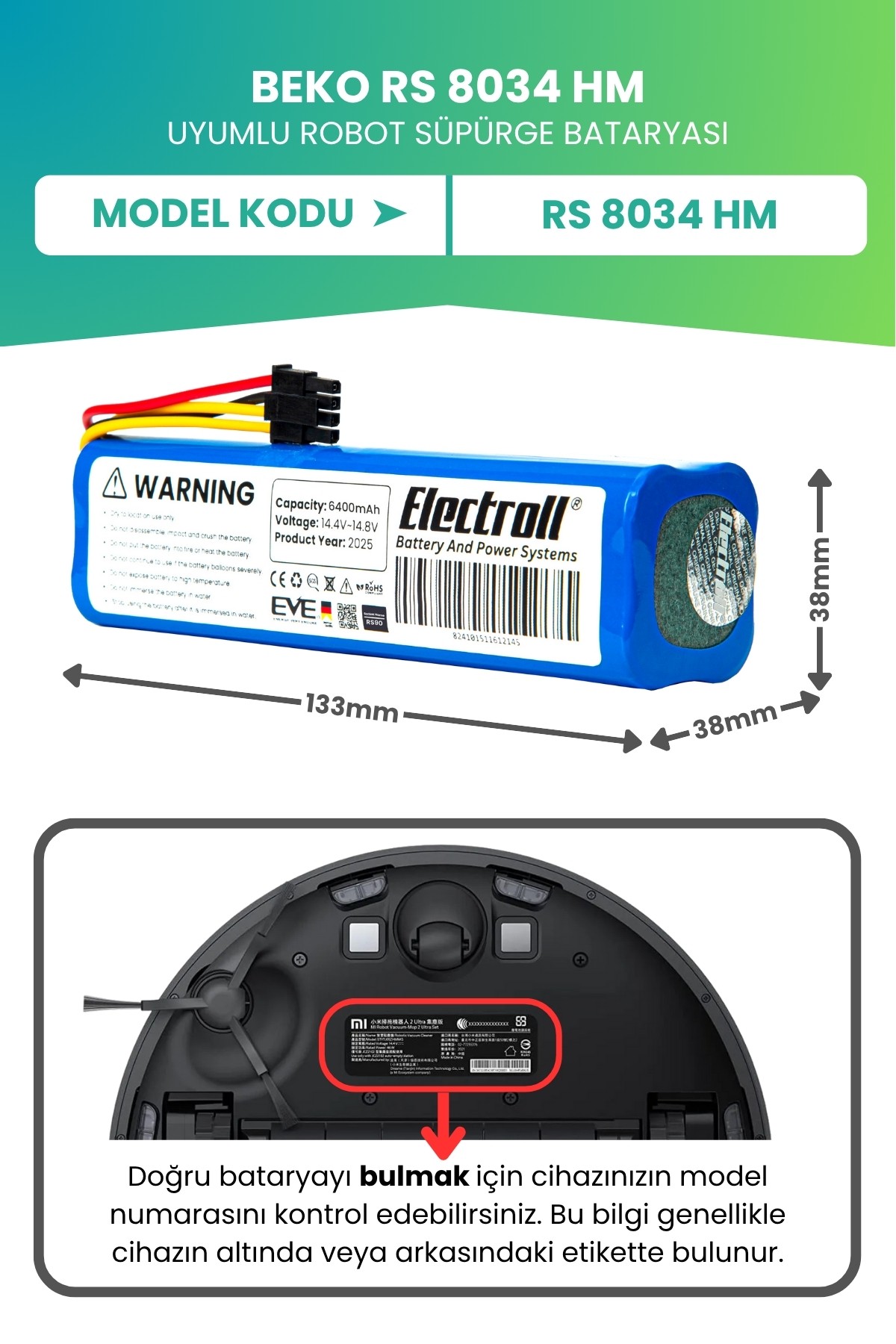 Beko Rs 8034 Hm Uyumlu Batarya (ULTRA YÜKSEK KAPASİTE) 6400mah Robot Süpürge Bataryası