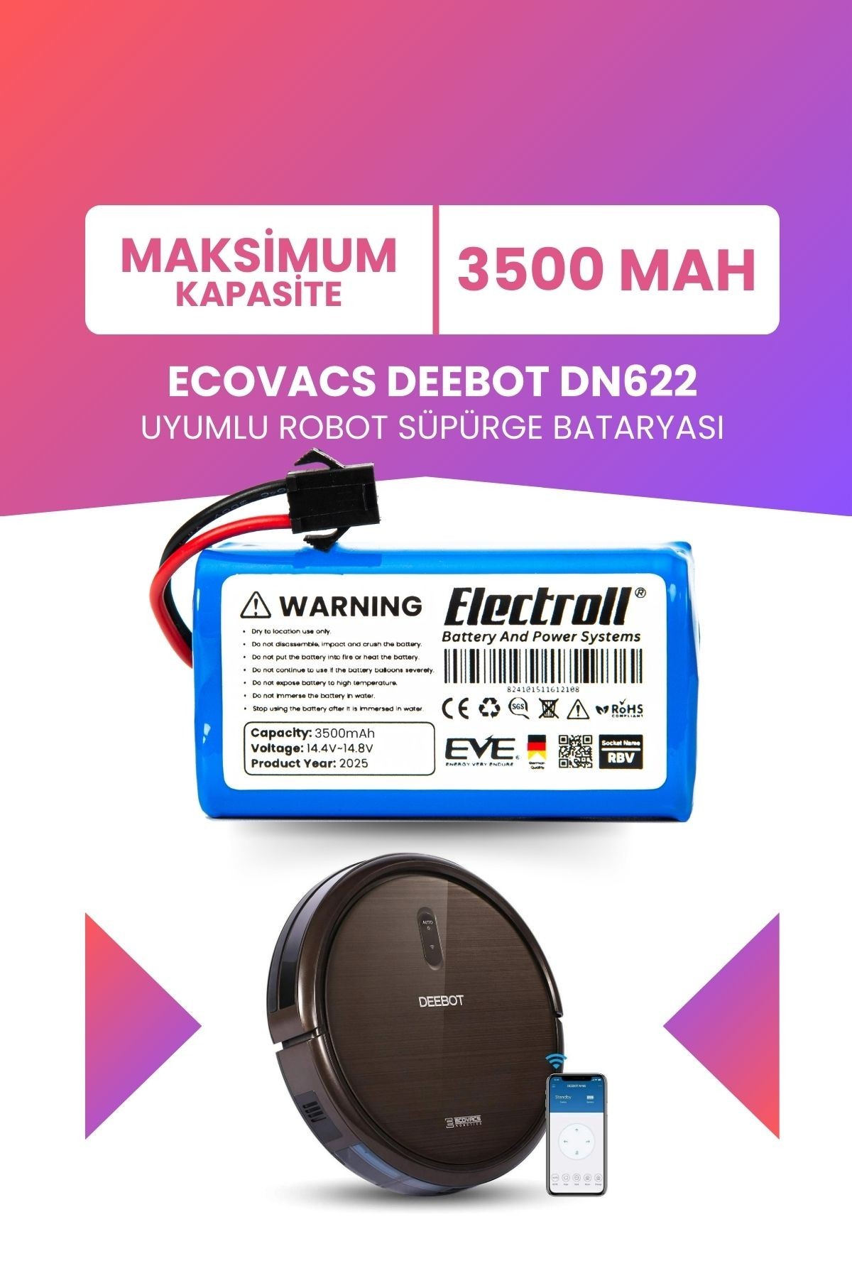 Ecovacs Deebot Dn622 Uyumlu Batarya (MAKSİMUM KAPASİTE) 3500mah Pil Robot Süpürge Bataryası