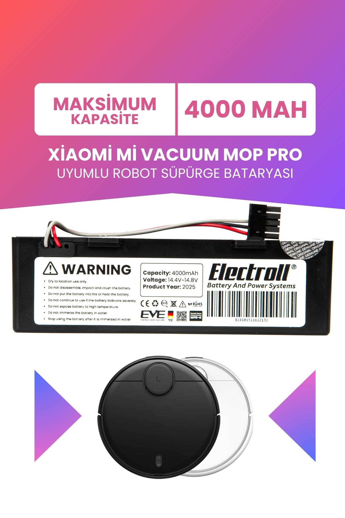 Xiaomi Mi Vacuum Mop Pro Stytj02ym Uyumlu Batarya (MAKSİMUM KAPASİTE) 4000mah Kutulu Pil