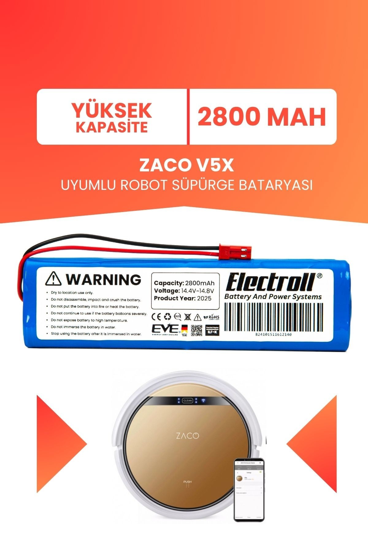 Zaco V5x Uyumlu Batarya (YÜKSEK KAPASİTE) 2800mah Pil Robot Süpürge Bataryası Değişimi