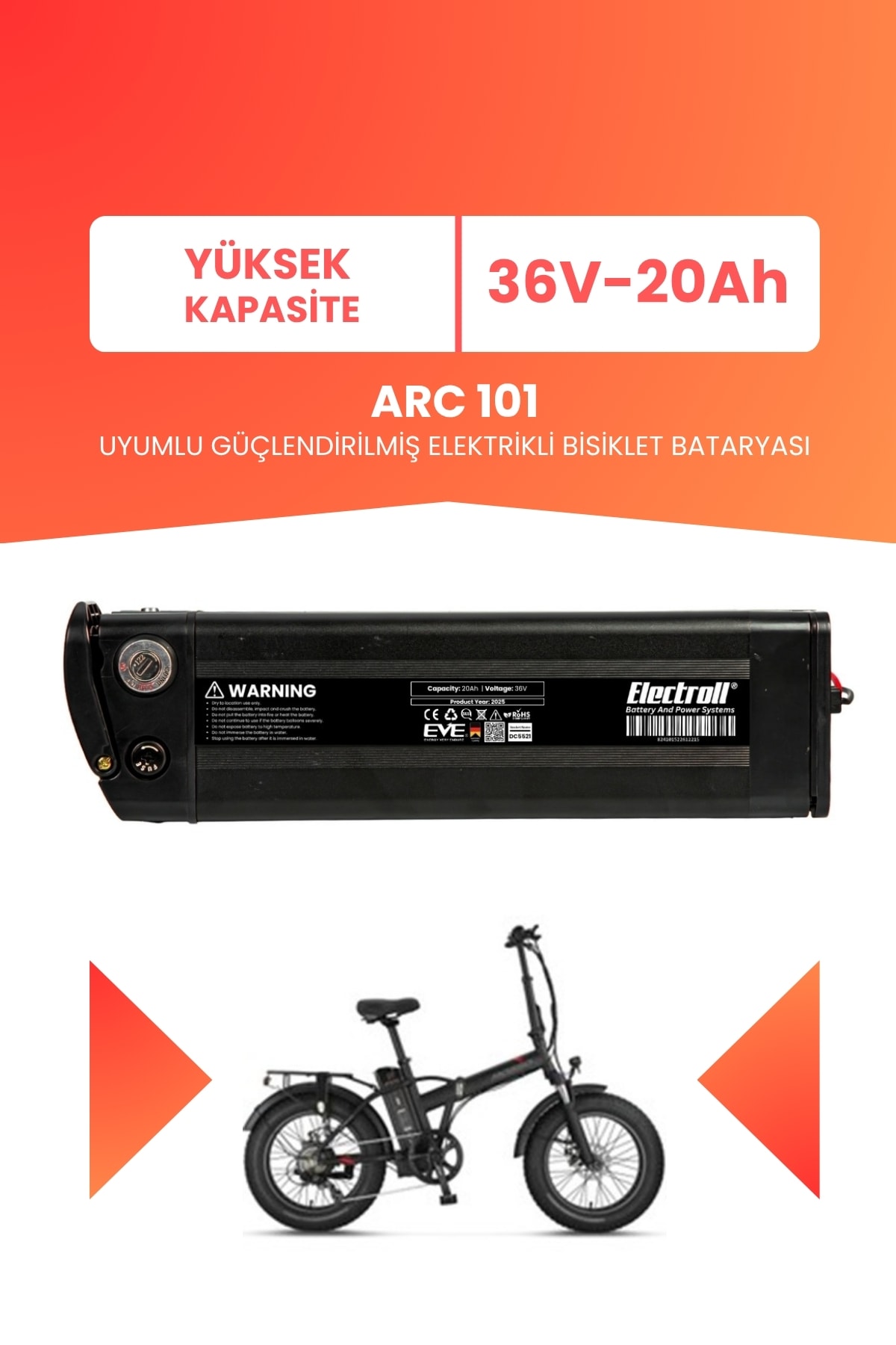 Arc 101 Uyumlu 36V 20Ah (Yüksek Kapasite) Güçlendirilmiş Elektrikli Bisiklet Batarya Tamir, Revizyon ve Pil Yenileme
