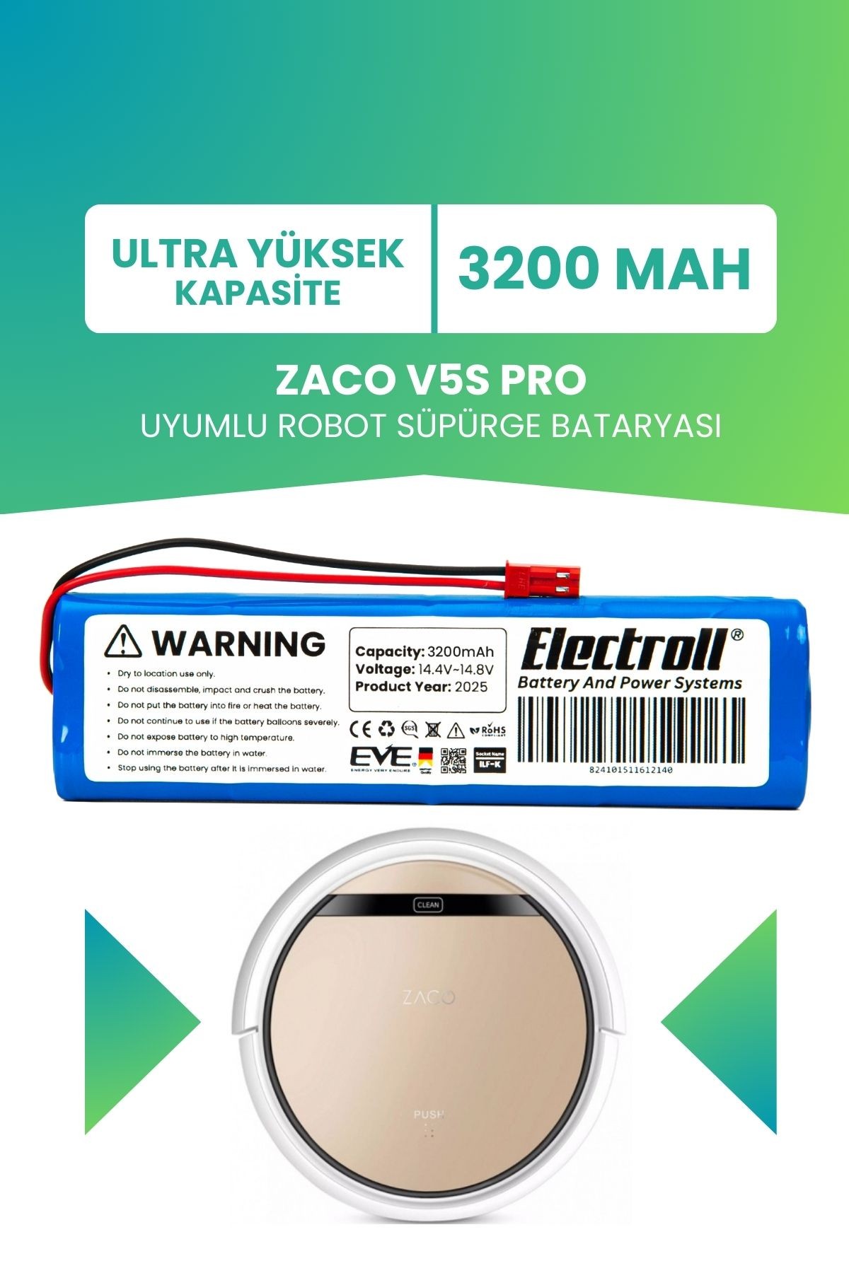 Zaco V5s Pro Uyumlu Batarya (ULTRA YÜKSEK KAPASİTE) 3200mah Pil Robot Süpürge Bataryası Değişimi
