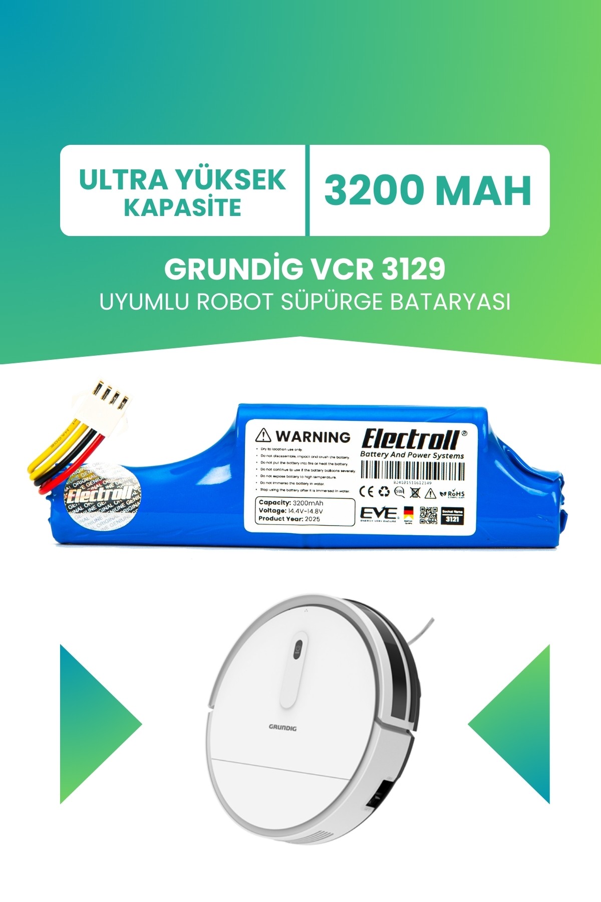 Grundig Vcr 3129 Uyumlu Batarya (ULTRA YÜKSEK KAPASİTE) 3200mah Robot Süpürge Bataryası
