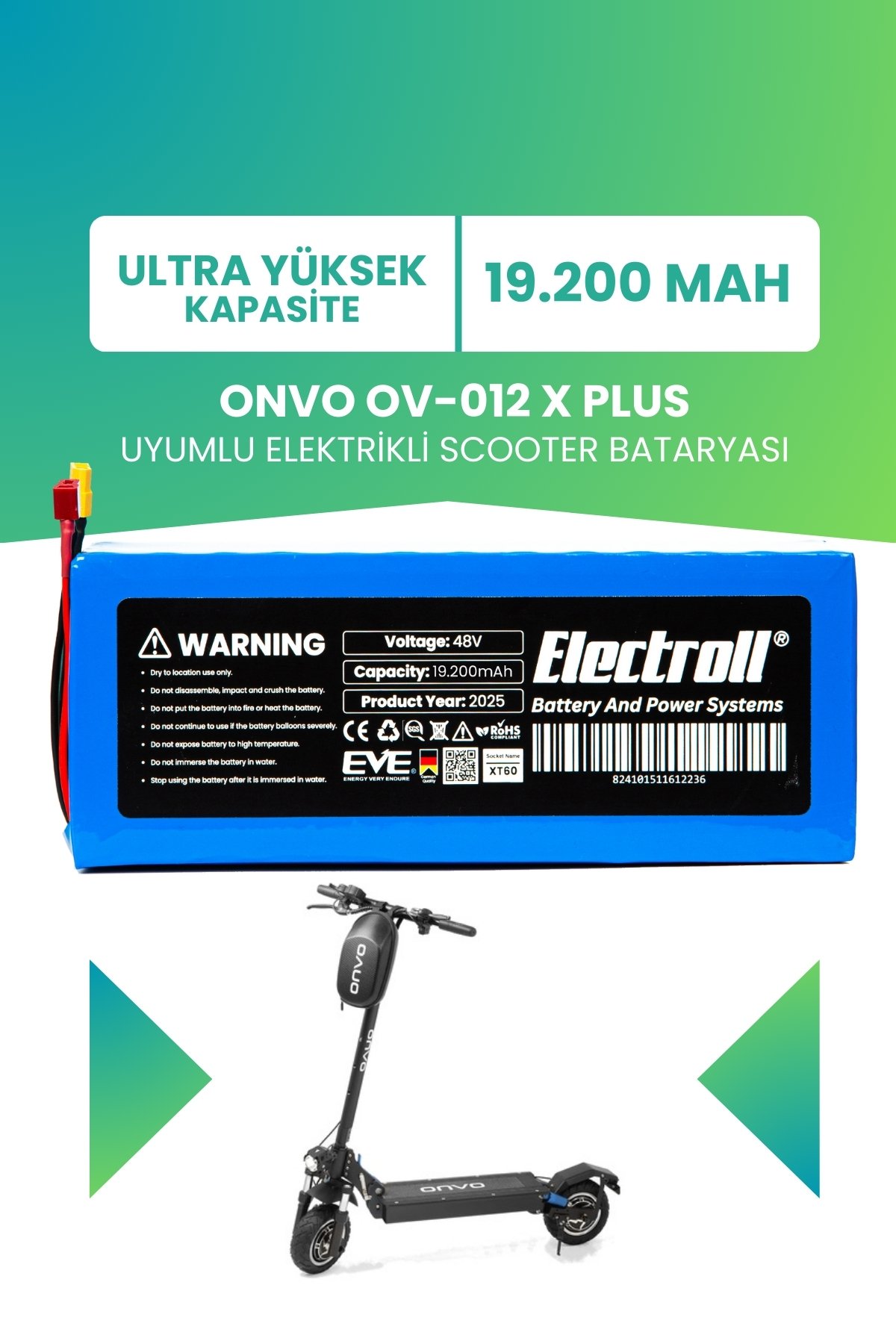 Onvo Ov-012 X Plus (ULTRA YÜKSEK KAPASİTE) Batarya 48v 19.2ah Pil Elektrikli Scooter Bataryası