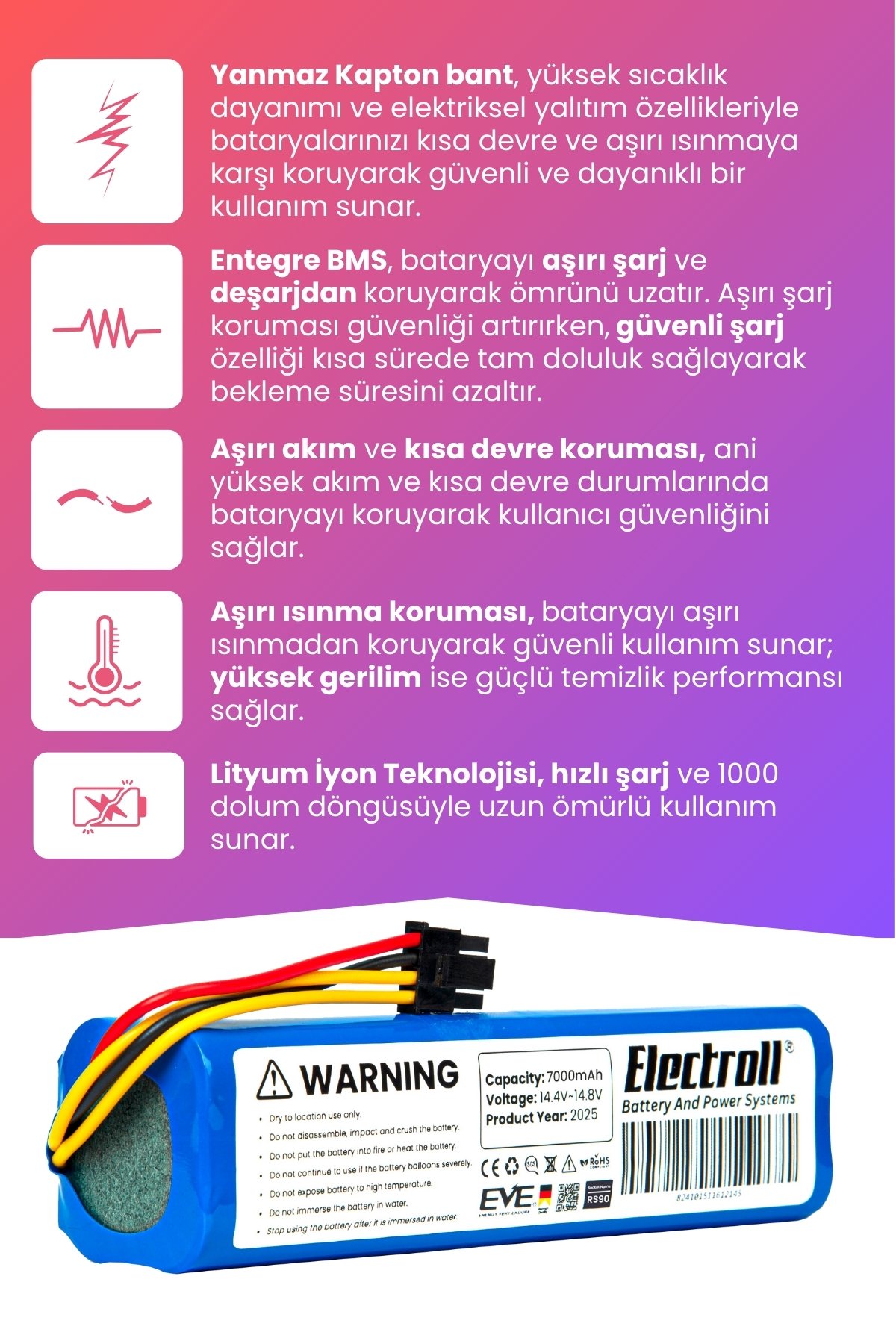 Arçelik Imperium Robo Rs 9034 Hm Uyumlu Batarya (MAKSİMUM KAPASİTE) 7000mah Robot Süpürge Bataryası