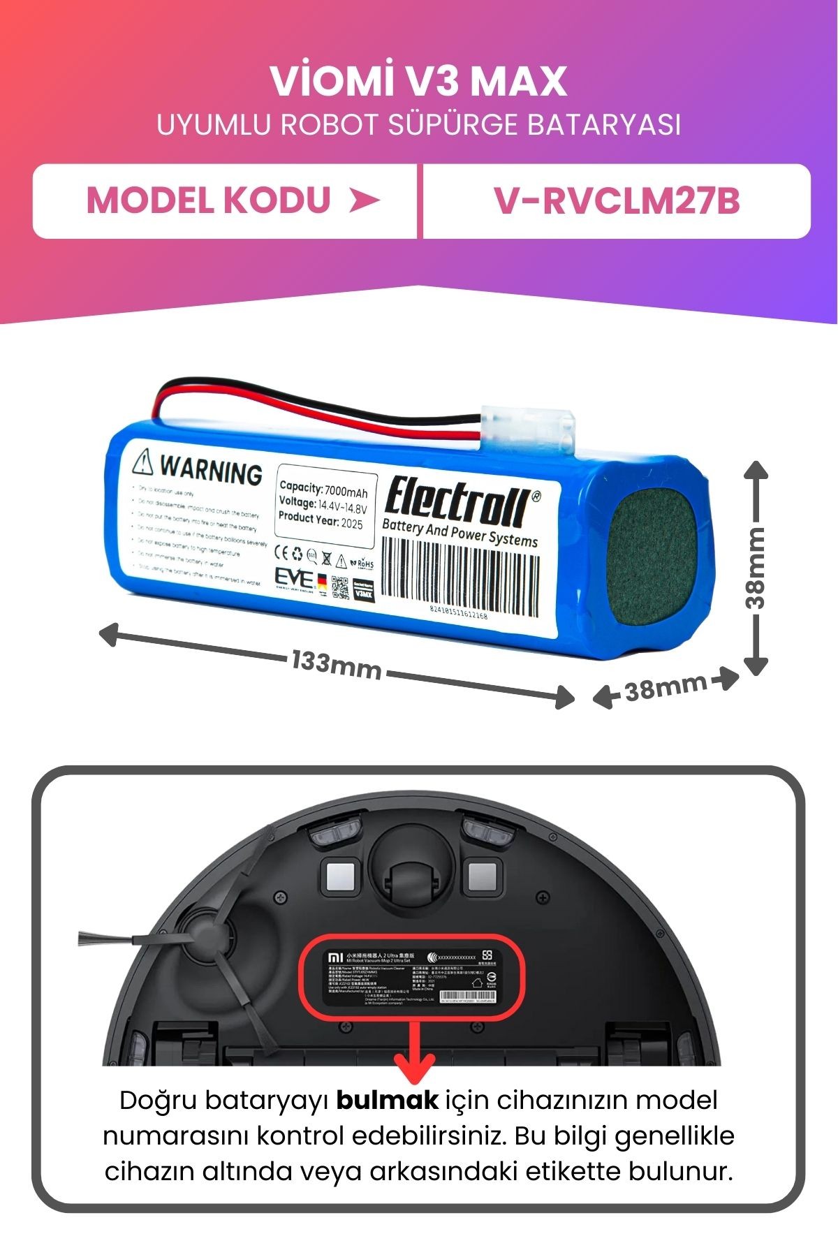 Viomi V3 Max Uyumlu Batarya (MAKSİMUM KAPASİTE) 7000mah Pil Robot Süpürge Bataryası V-RVCLM27B