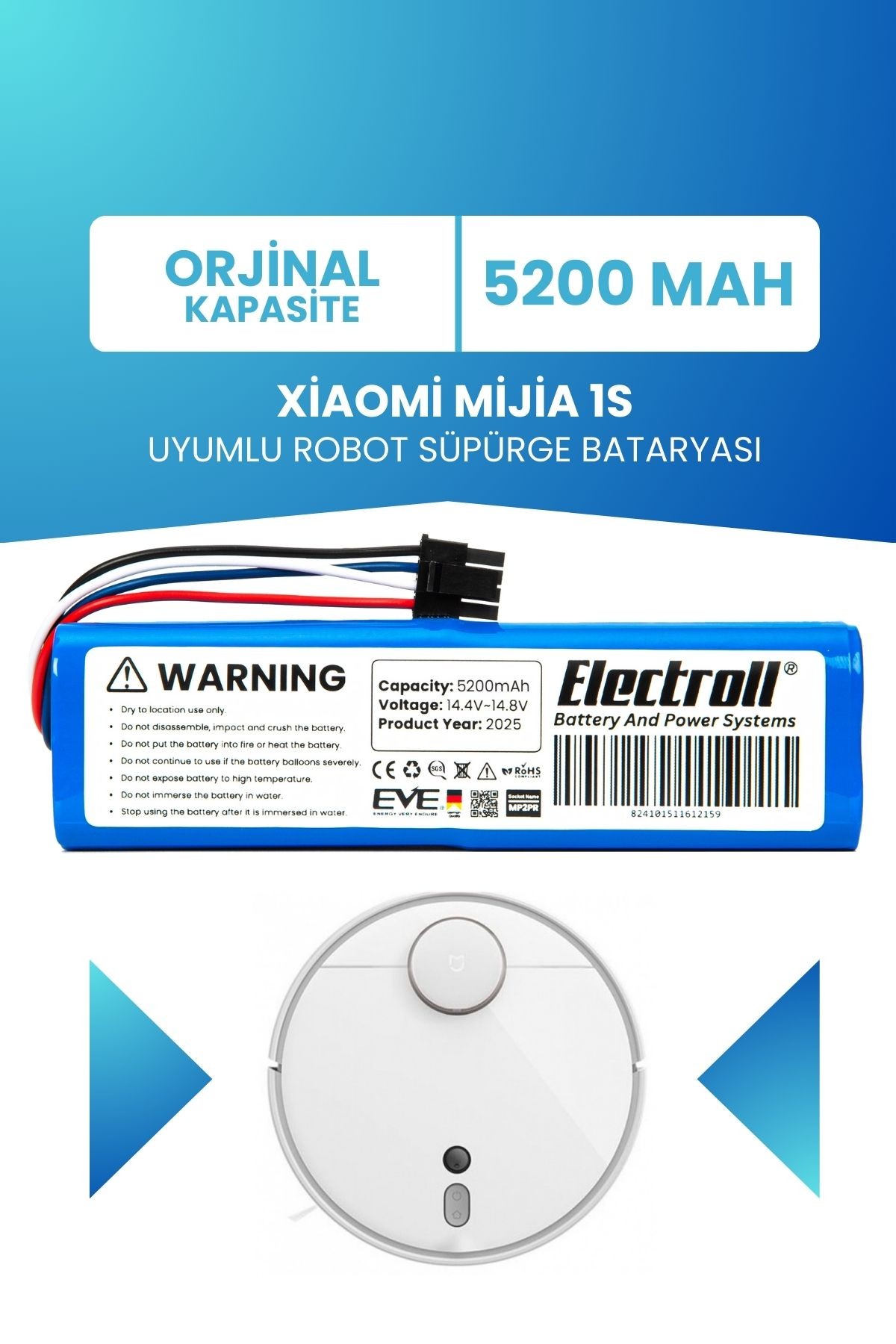 Xiaomi Mijia 1s Uyumlu Batarya (ORJİNAL KAPASİTE) 5200mah Pil Robot Süpürge Bataryası Değişimi
