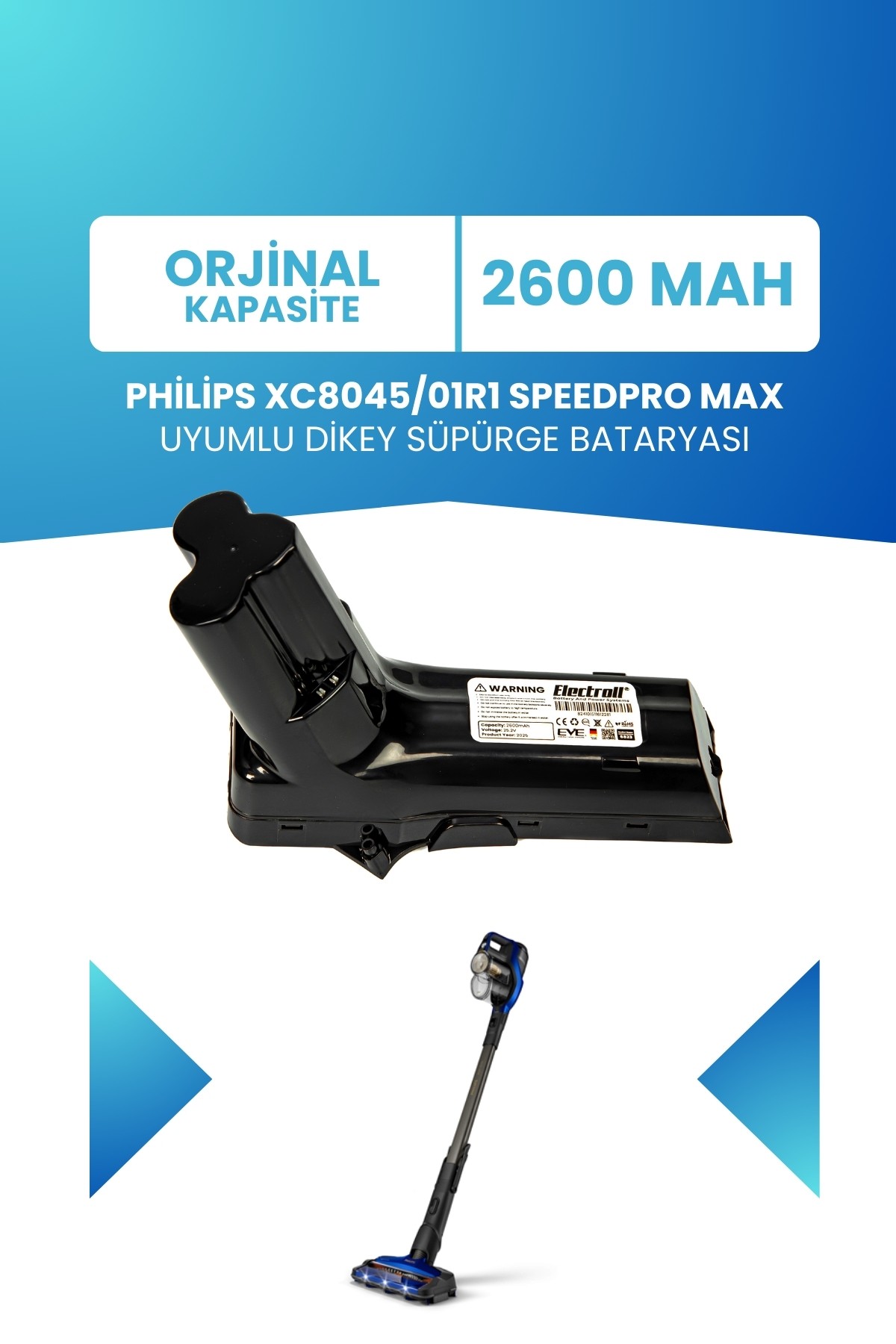 Philips 8000 Serisi XC8045/01R1 Speedpro Max Uyumlu Batarya 25.2 V 2600mah Dikey Süpürge Bataryası