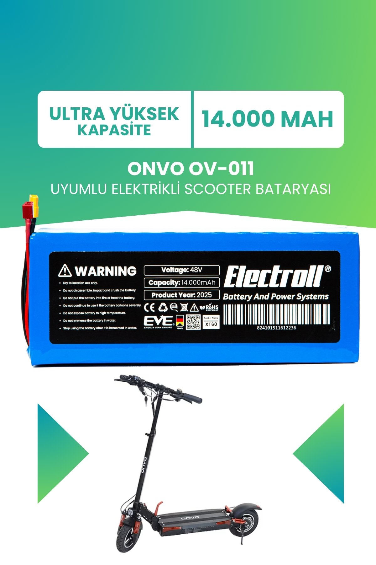 Onvo Ov-011 Batarya (Ultra Yüksek Kapasite) Batarya 48v 14ah Pil Elektrikli Scooter Bataryası