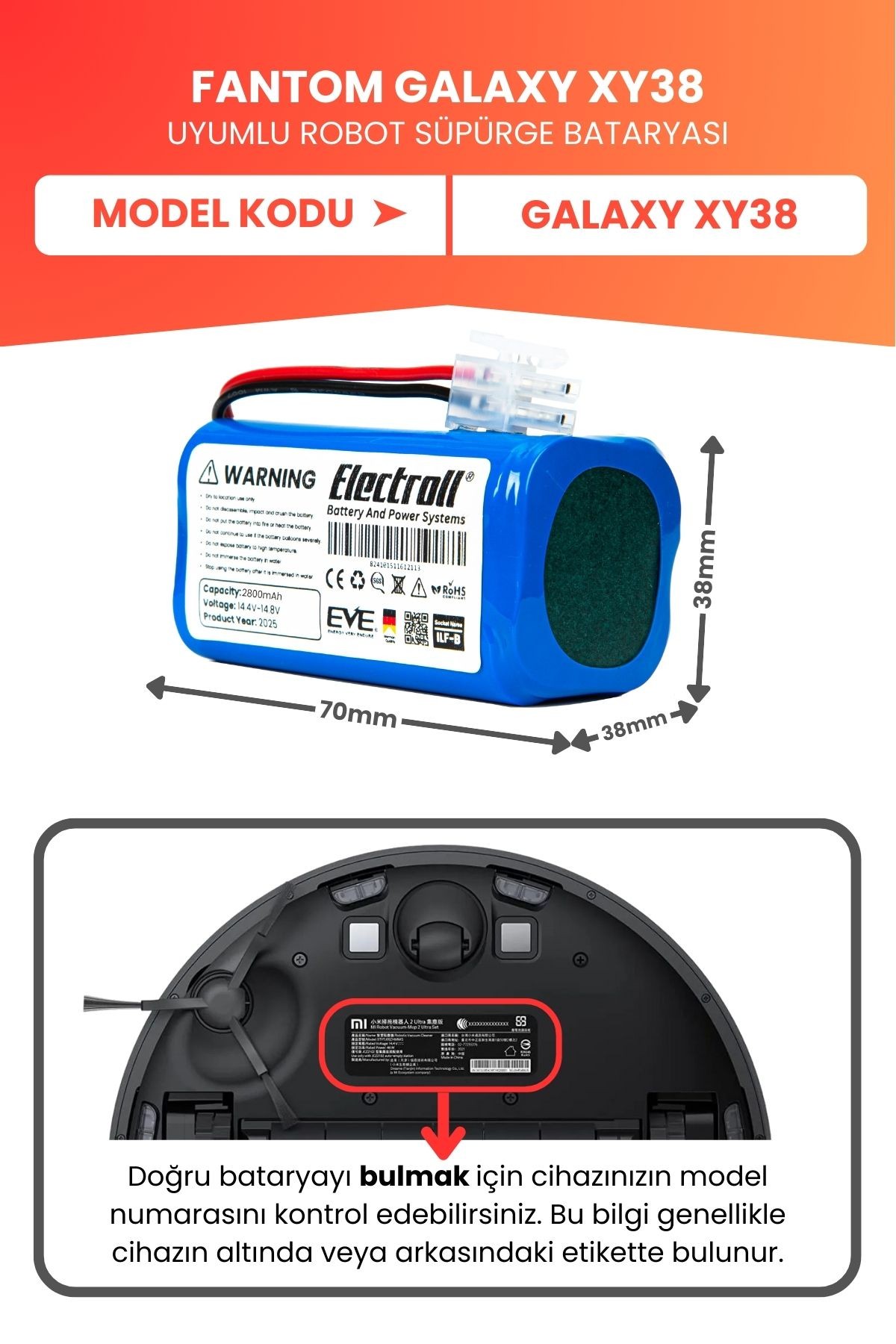 Fantom Galaxy XY38 Uyumlu Batarya (YÜKSEK KAPASİTE) 2800mah Pil Robot Süpürge Bataryası Değişimi