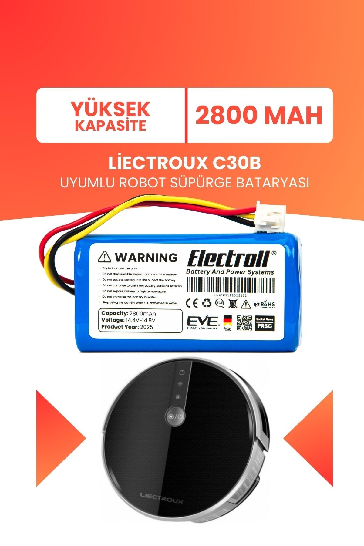 Liectroux C30B Uyumlu Batarya (YÜKSEK KAPASİTE) 2800mah Pil Robot Süpürge Batarya Değişimi